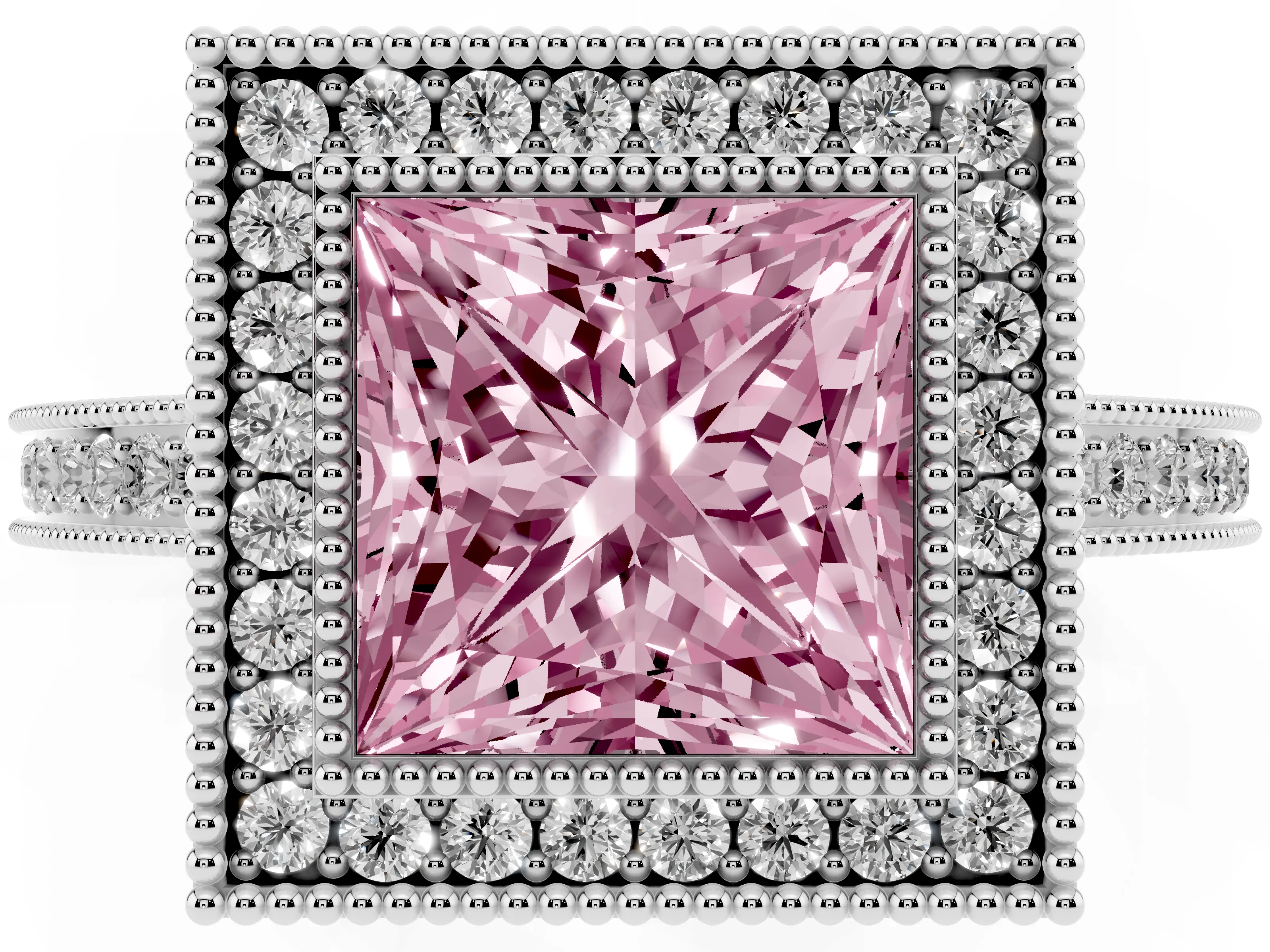 Fancy Pink Princess Cut Diamond Halo Ring Set in White gold with Pavé Band and Milgrain-Edged Prongs