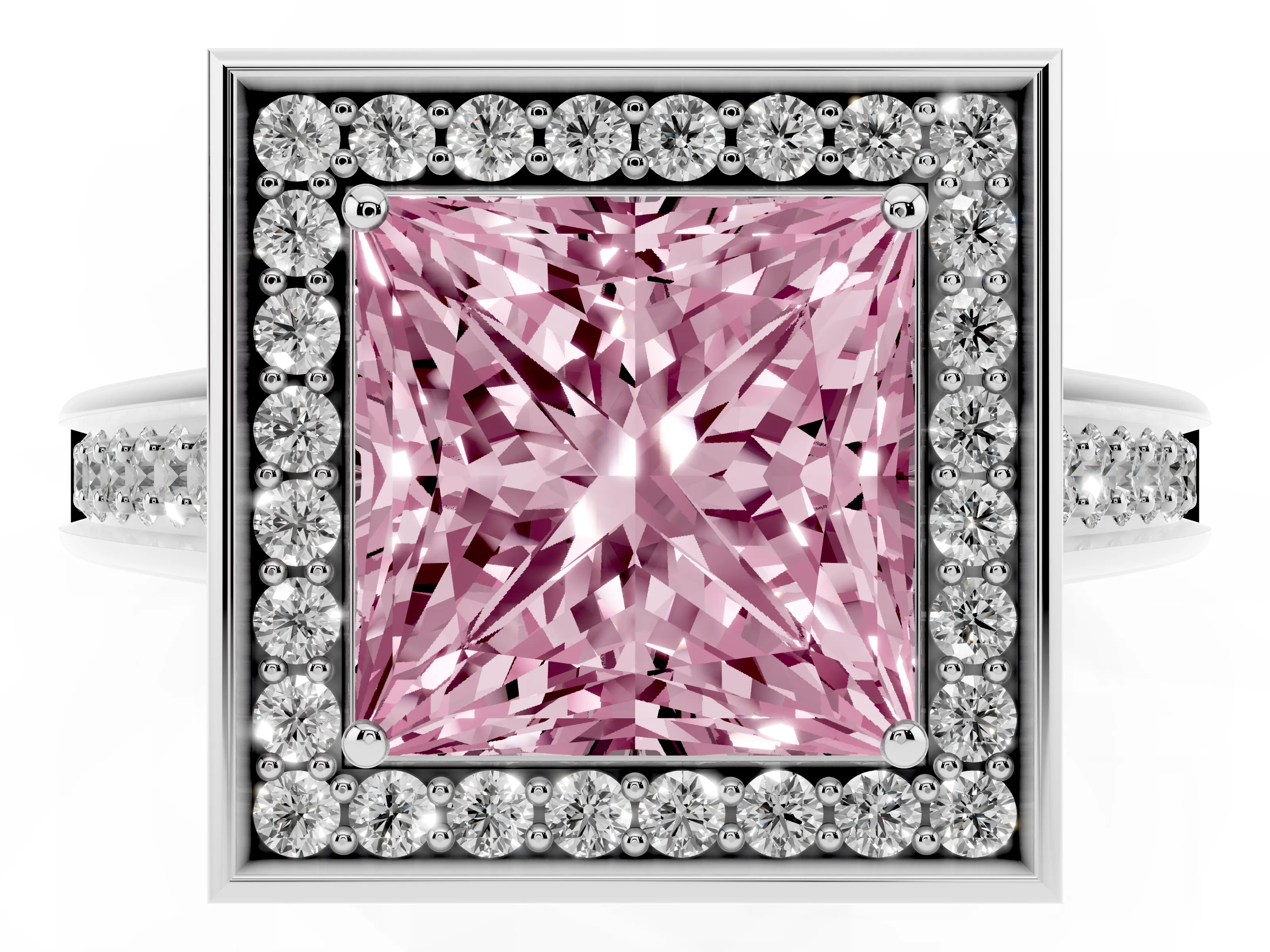 Fancy Pink Princess Cut Diamond Halo Solitaire Ring Set in Platinum with Pavé Band and Bezel Setting