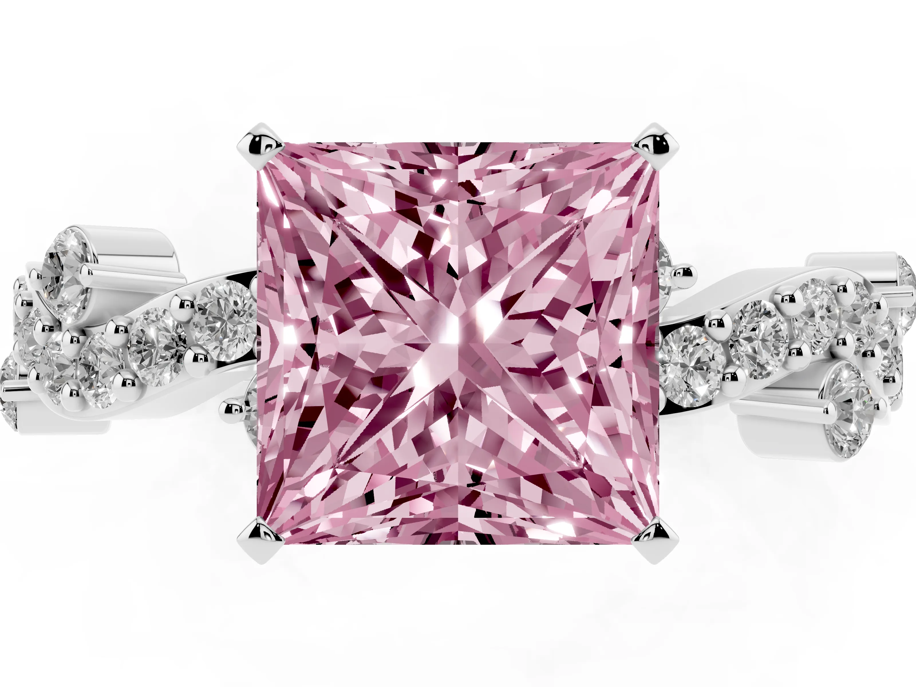 Fancy Pink Princess Cut Diamond Solitaire Twisted Band Set in White gold with Pavé Setting