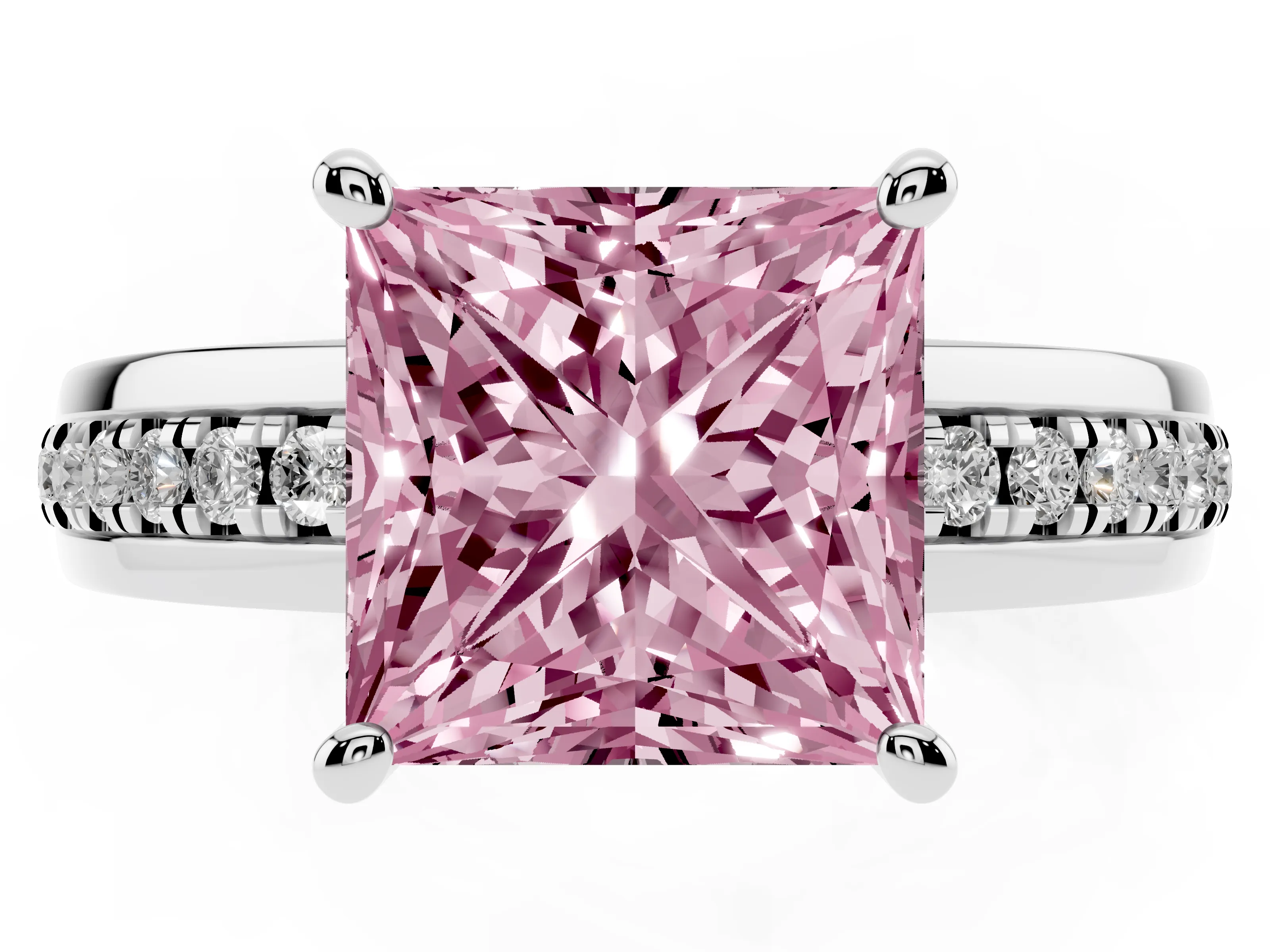 Fancy Pink Princess Cut Diamond Solitaire Ring Set in White gold with Channel Set Band and Prong Setting