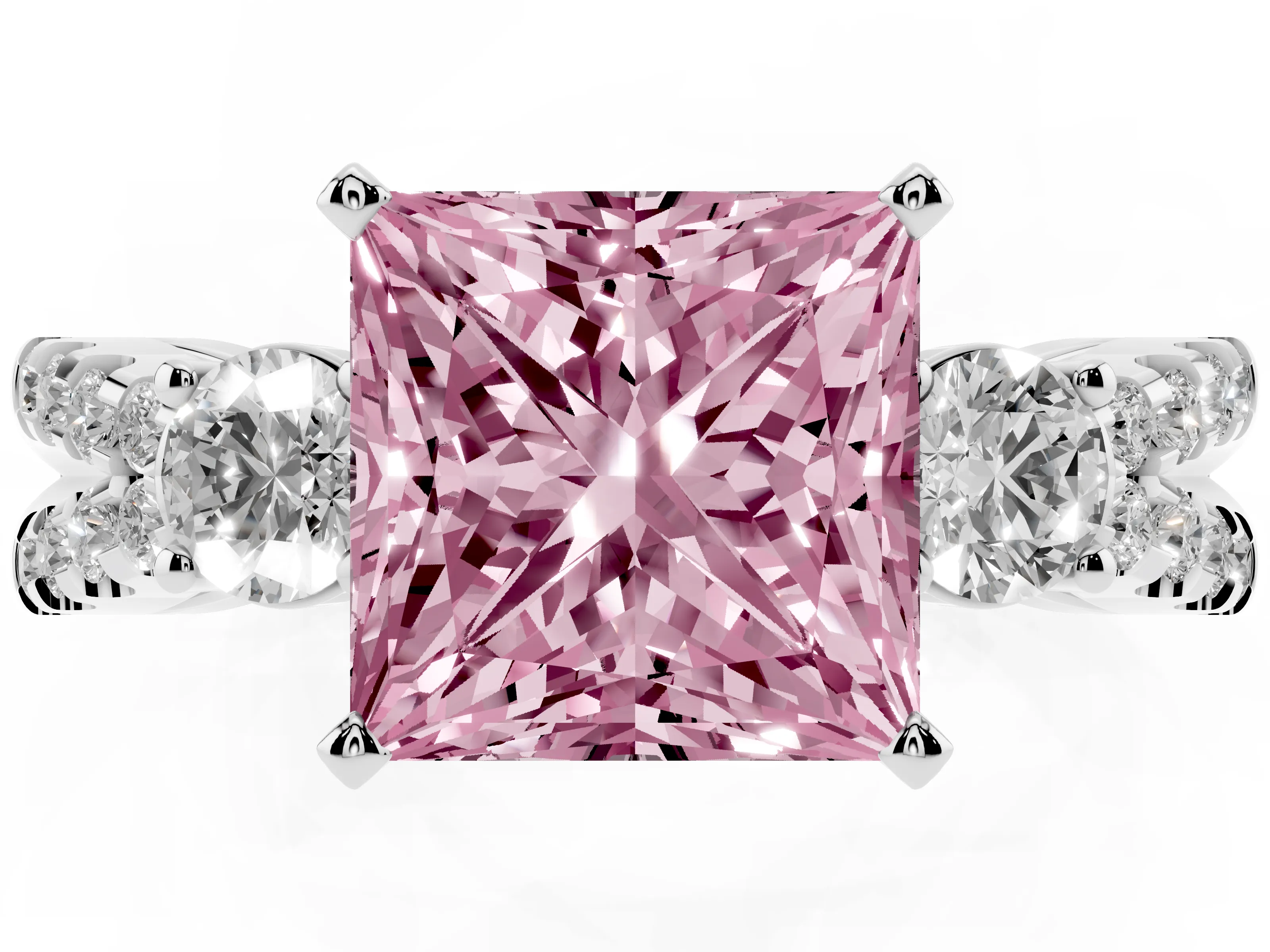 Fancy Pink Princess Cut Diamond Three-Stone Ring Set in White gold with Pavé Split Shank and Prong Setting