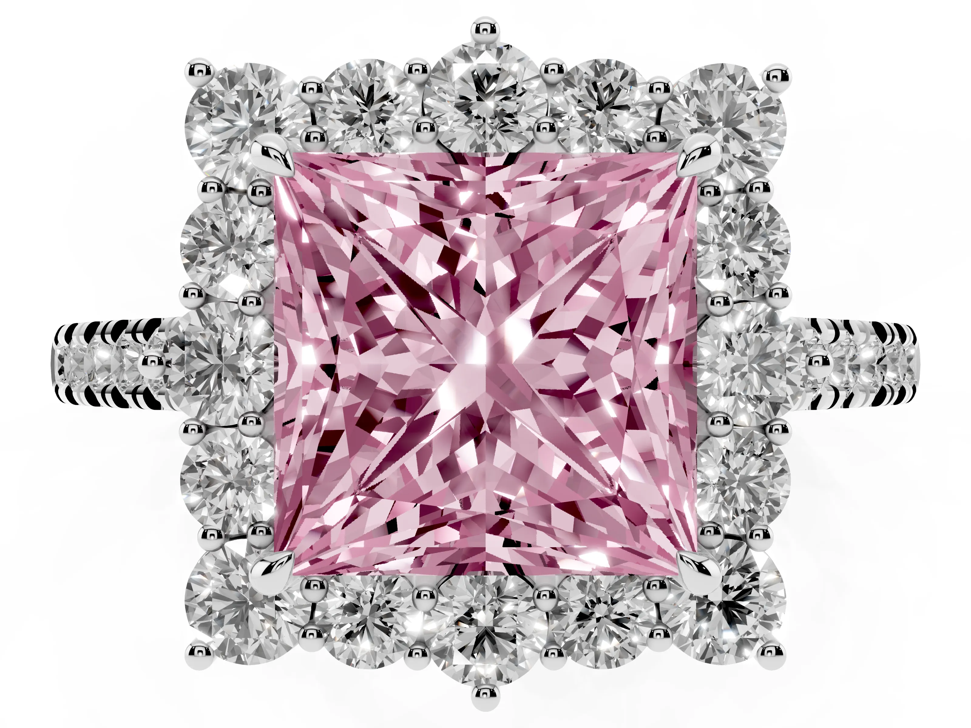 Fancy Pink Princess Cut Diamond Halo Ring Set in Silver with Pavé Band and Prong Setting