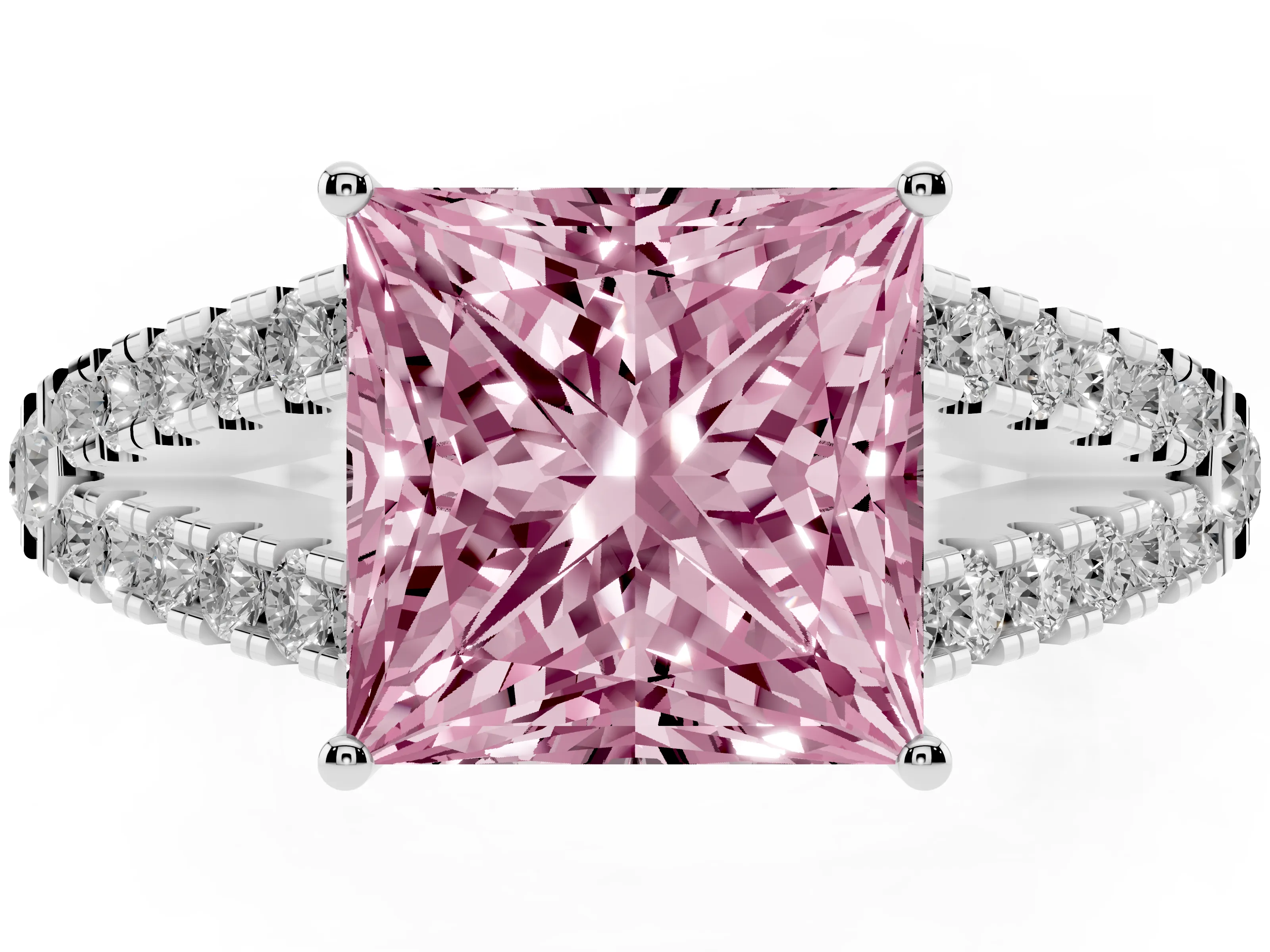 Fancy Pink Princess Cut Diamond Split Shank Pavé Engagement Ring Set in Platinum with Prong-Held Center Stone