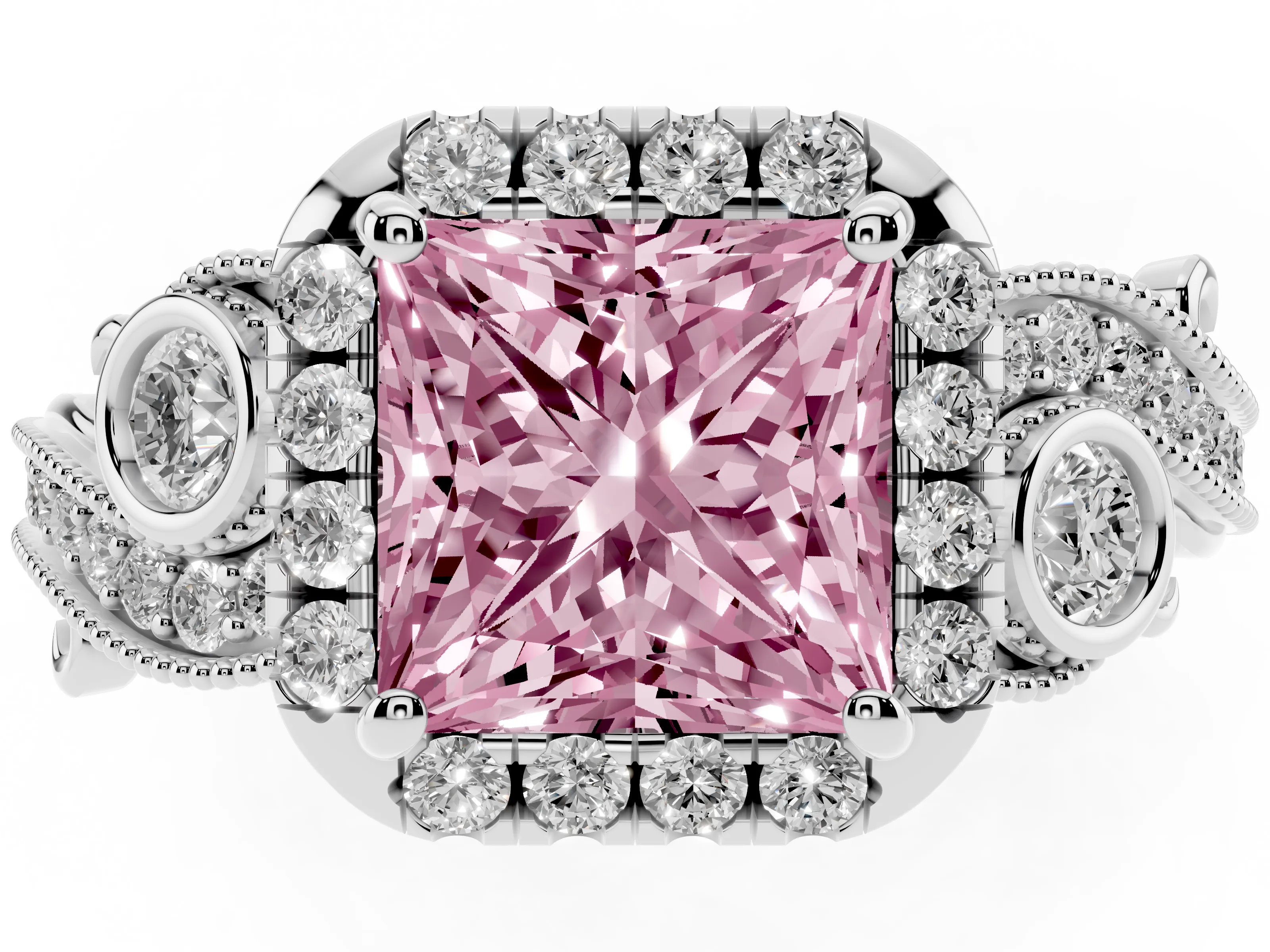 Fancy Pink Princess Cut Diamond Halo Split Shank Ring Set in Platinum with Milgrain and Bezel Accents
