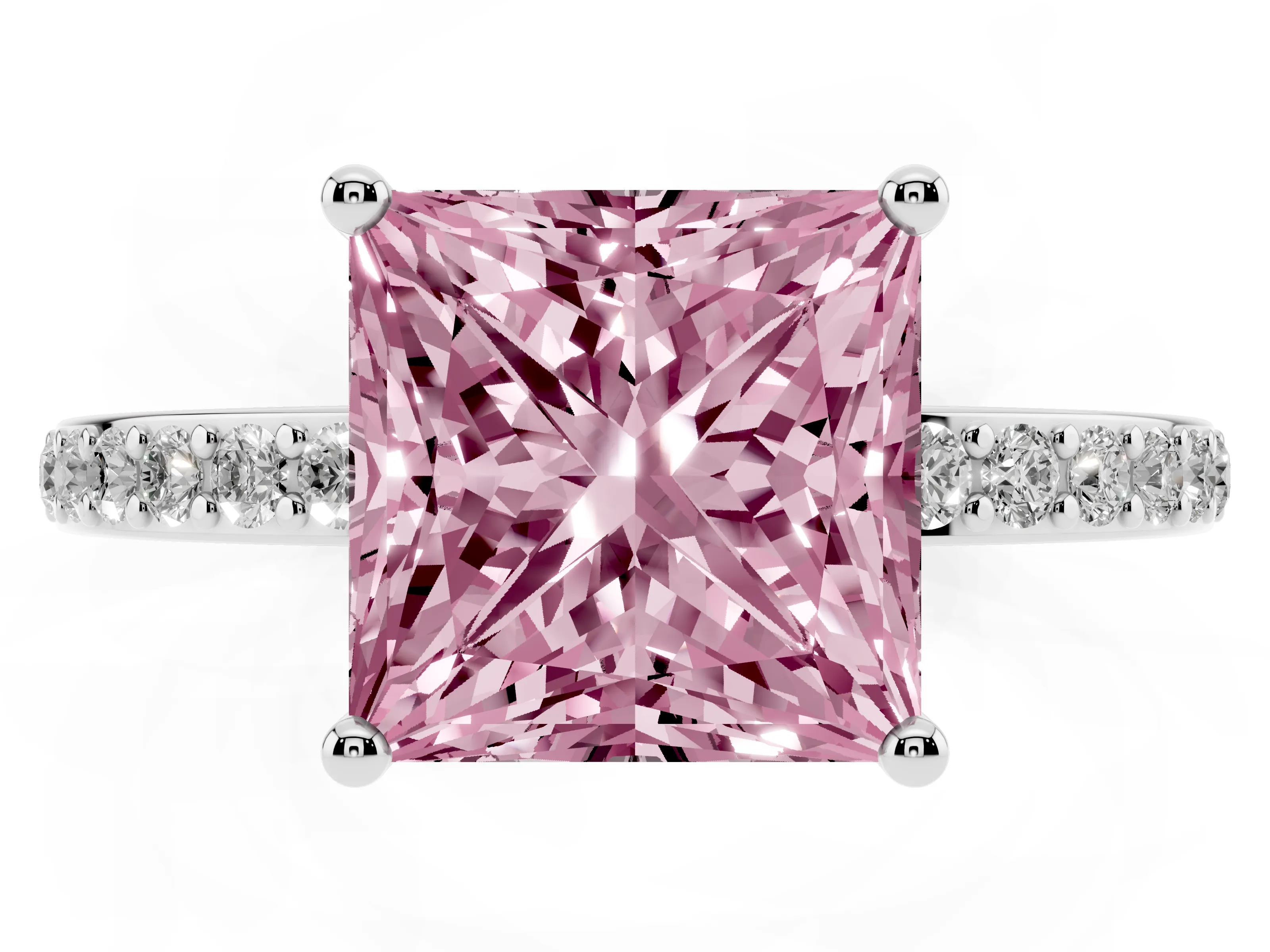 Fancy Pink Princess Cut Diamond Pavé Band Ring Set in Platinum with Prong-Set Center Stone
