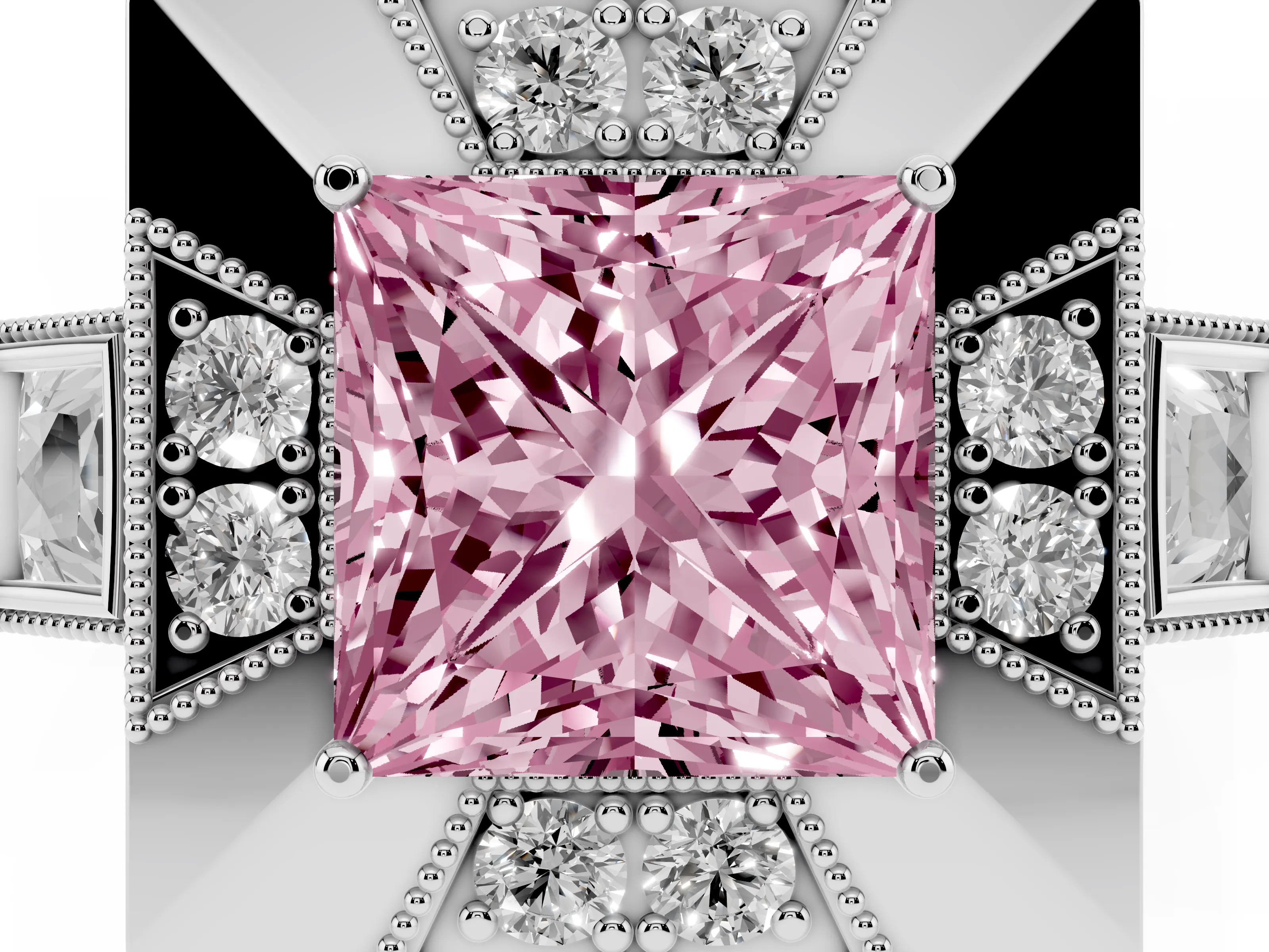 Fancy Pink Princess Cut Diamond Milgrain Halo Ring Set in Platinum with Split Shank