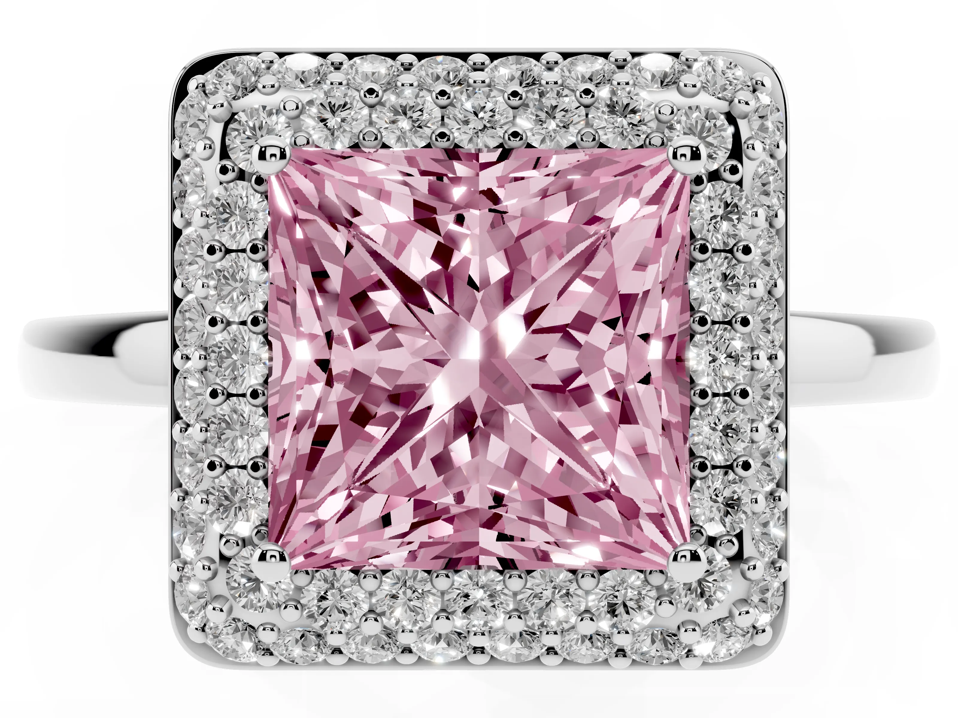 Fancy Pink Princess Cut Diamond Halo Engagement Ring Set in White gold with Solitaire Band and Prong Setting