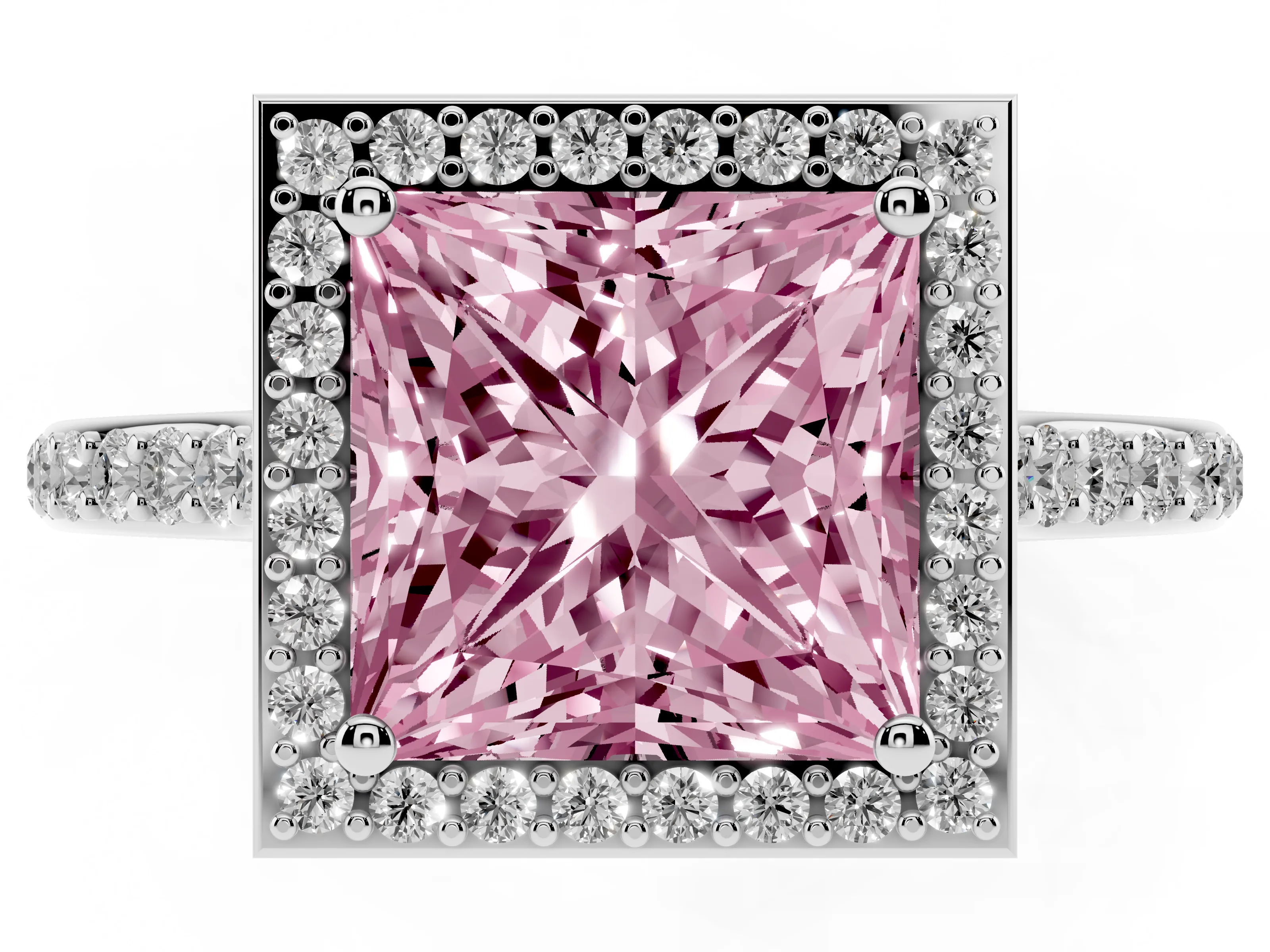 Fancy Pink Princess Cut Diamond Halo Engagement Ring Set in White gold with Round Pavé Shoulders and Heart Gallery