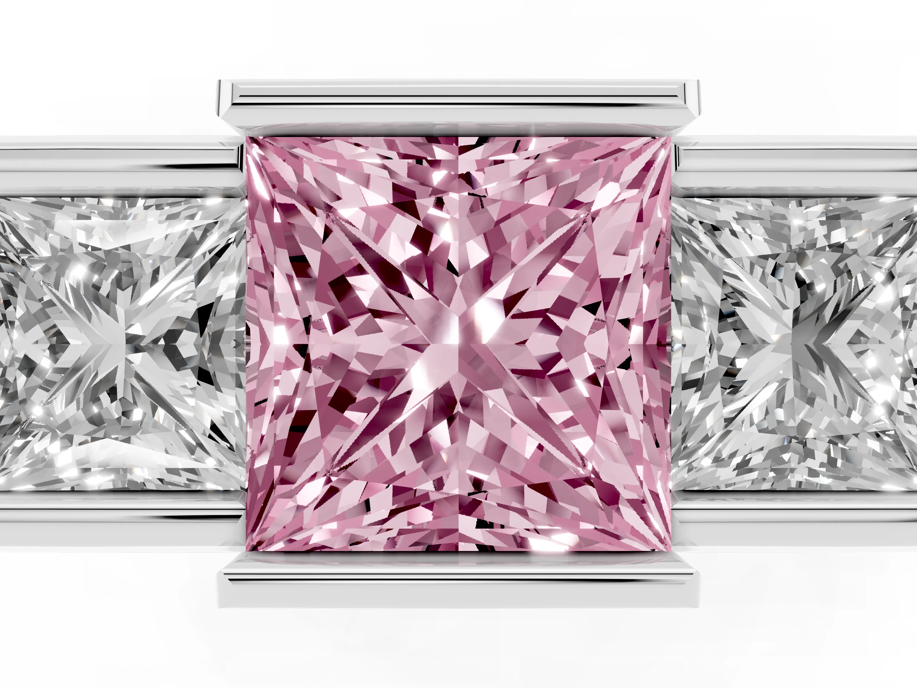 Fancy Pink Princess Cut Diamond Three-Stone Channel Set Ring Set in Platinum with Smooth Polished Band