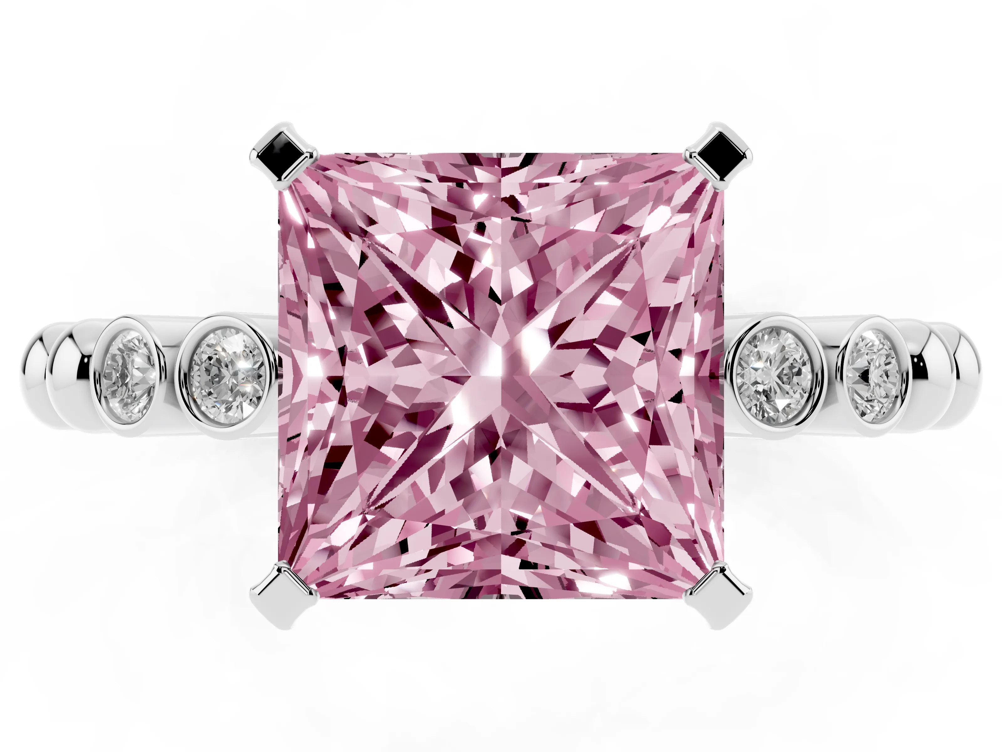 Fancy Pink Princess Cut Diamond Solitaire Engagement Ring Set in Silver with Bezel Accents on Beaded Band