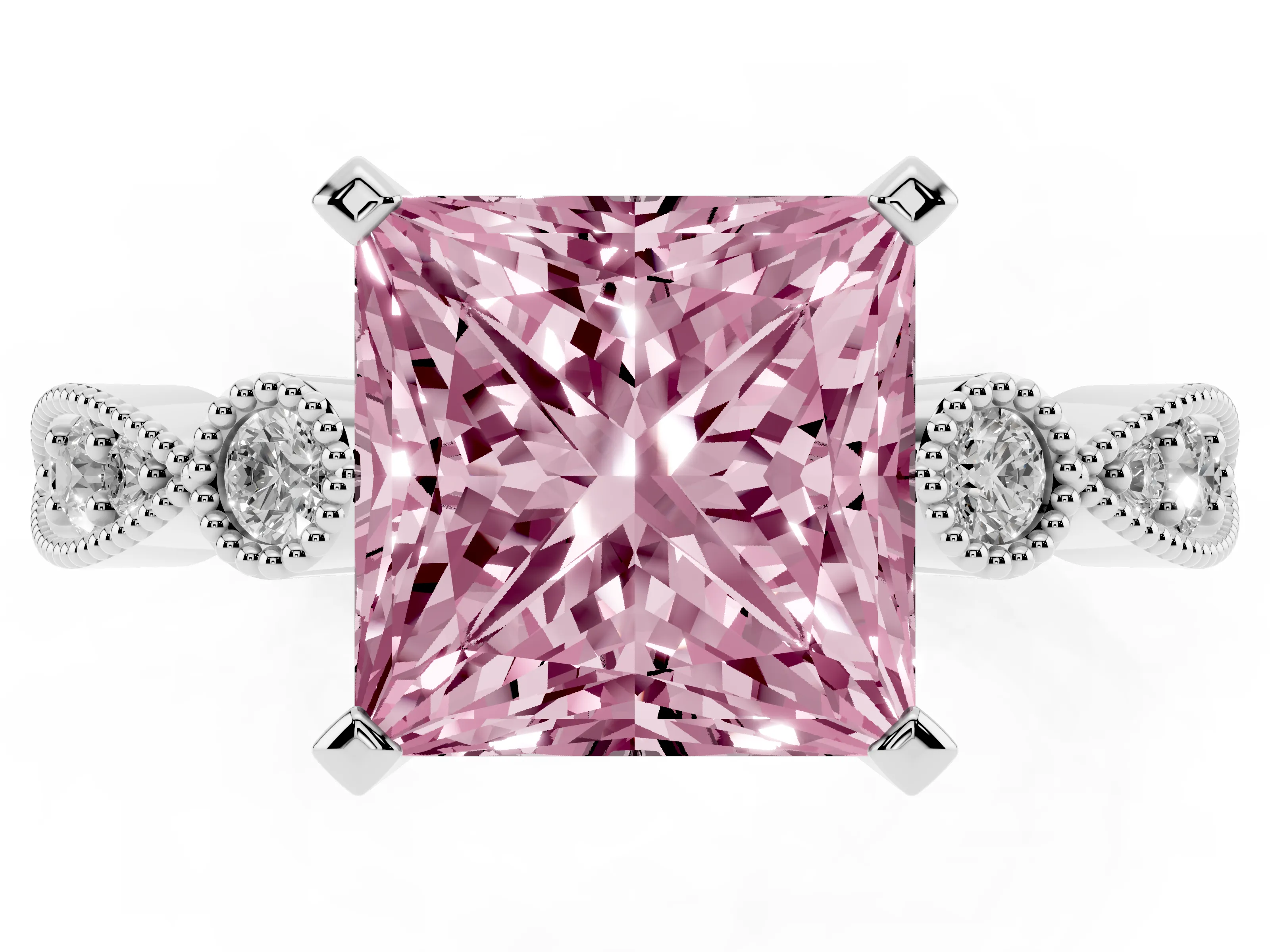 Fancy Pink Princess Cut Diamond Solitaire Engagement Ring Set in Silver with Milgrain Bezel Accent Band