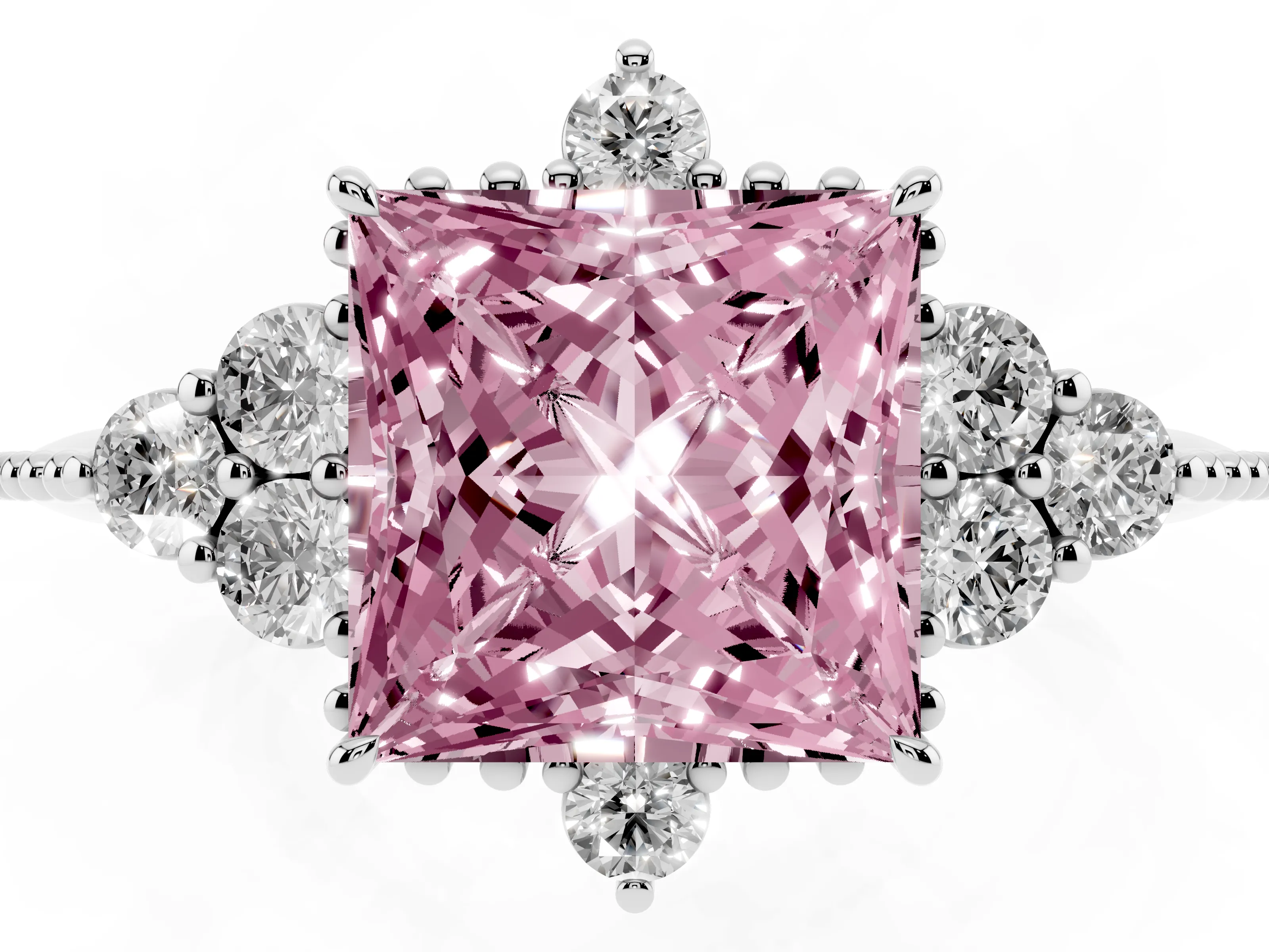 Fancy Pink Princess Cut Diamond Cluster Ring Set in Silver with Beaded Band
