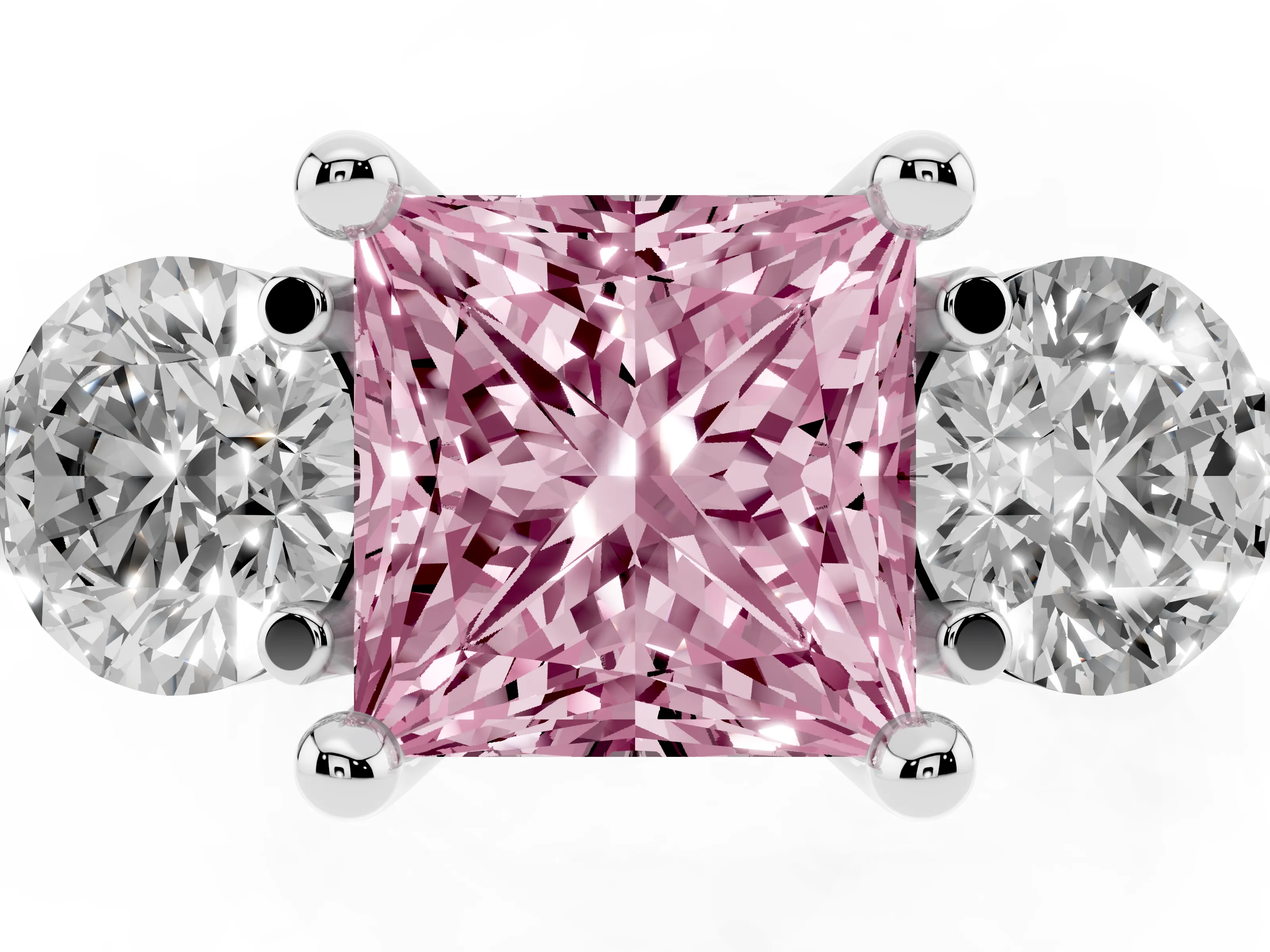 Fancy Pink Princess Cut Diamond Three-Stone Ring Set in White gold with Prong Setting and Classic Band