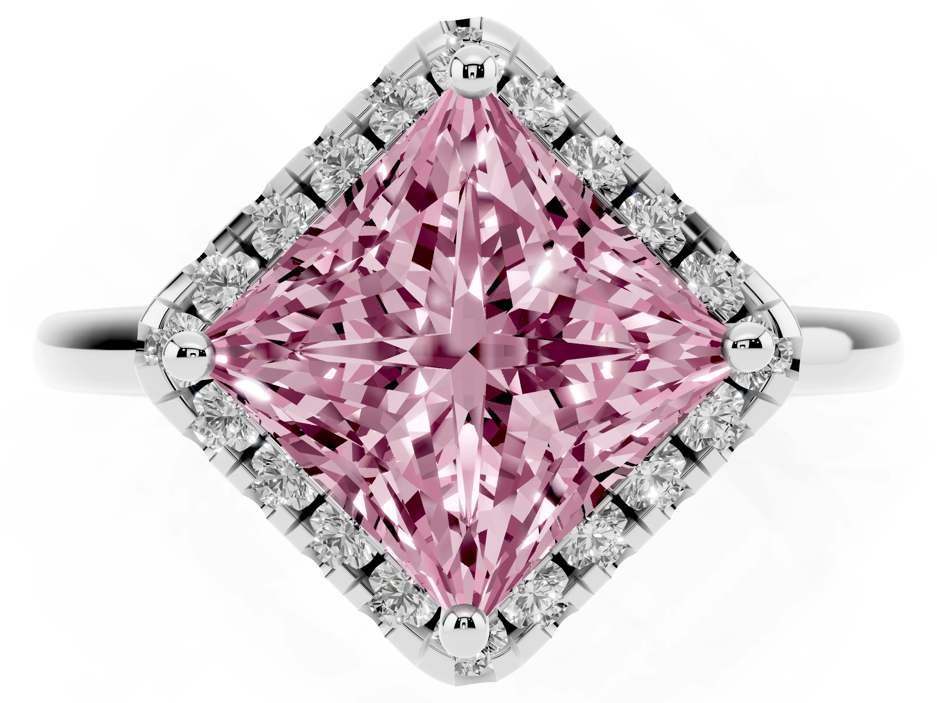 Fancy Pink Princess Cut Diamond Halo Engagement Ring Set in Platinum with Pavé Band and Rising Shoulders