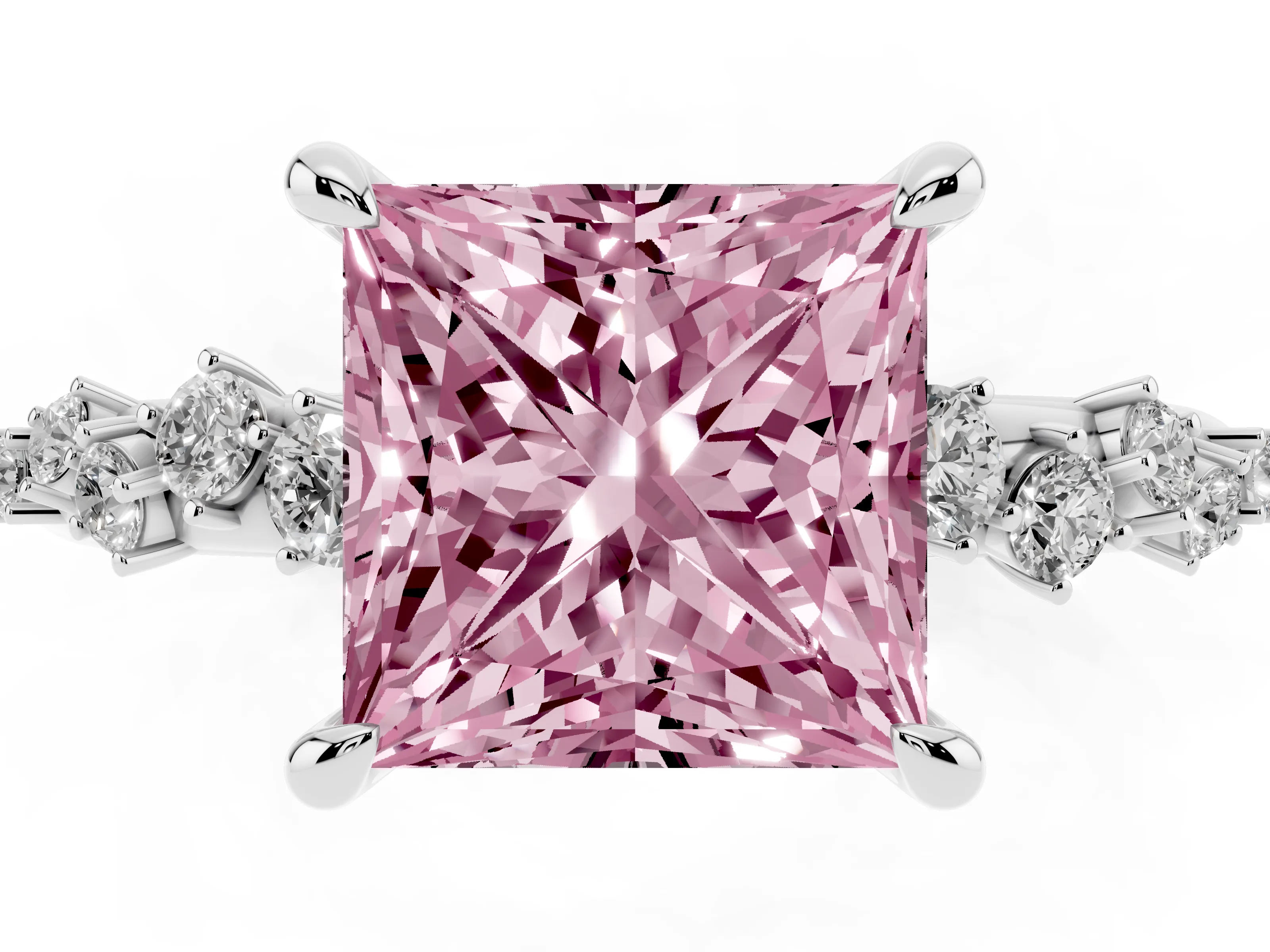 Fancy Pink Princess Cut Diamond Solitaire Vine Band Ring Set in Platinum with Round Accents and Prong Setting