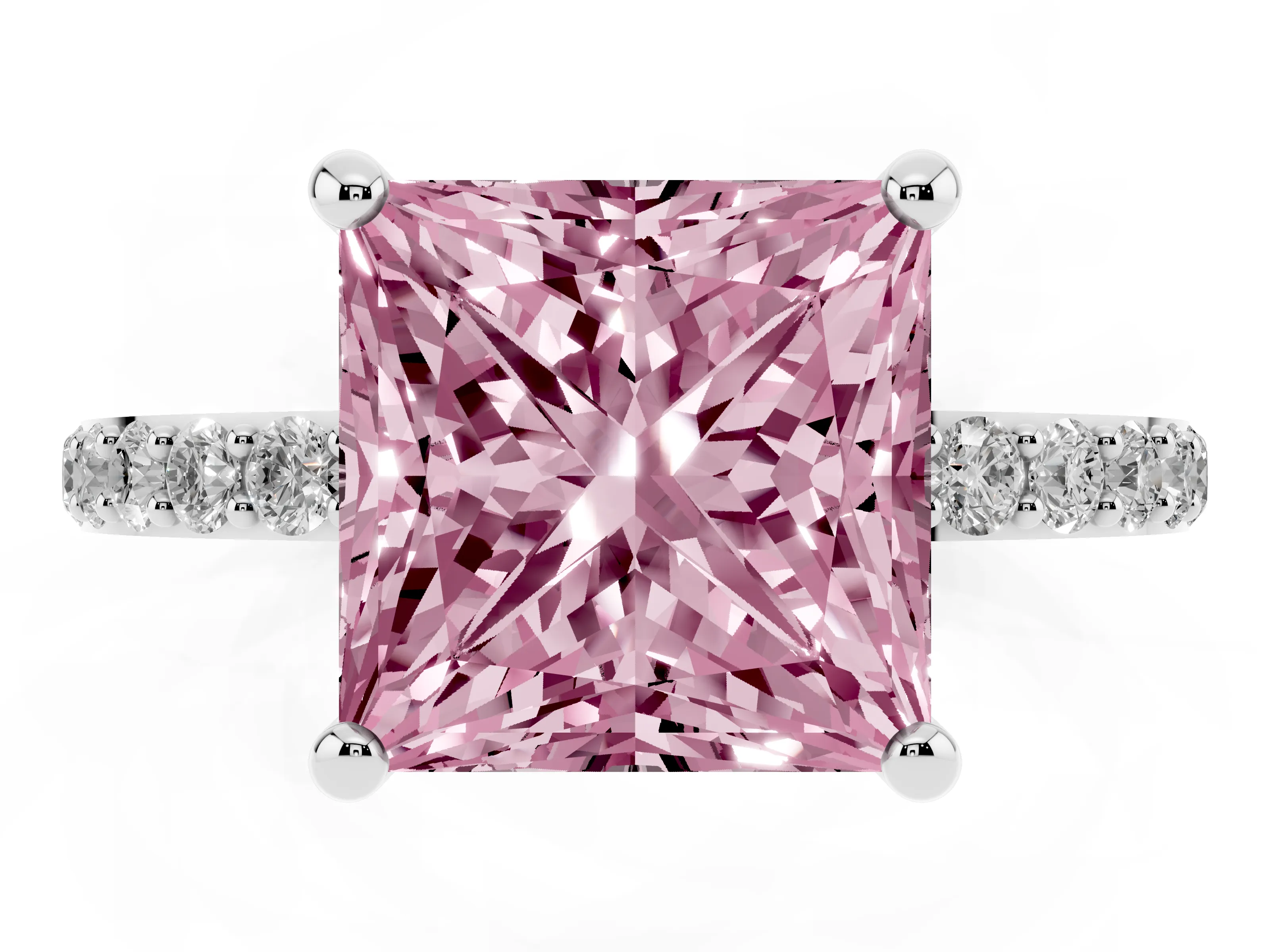 Fancy Pink Princess Cut Diamond Solitaire Ring Set in White gold with Round Pavé Band and Prong Setting