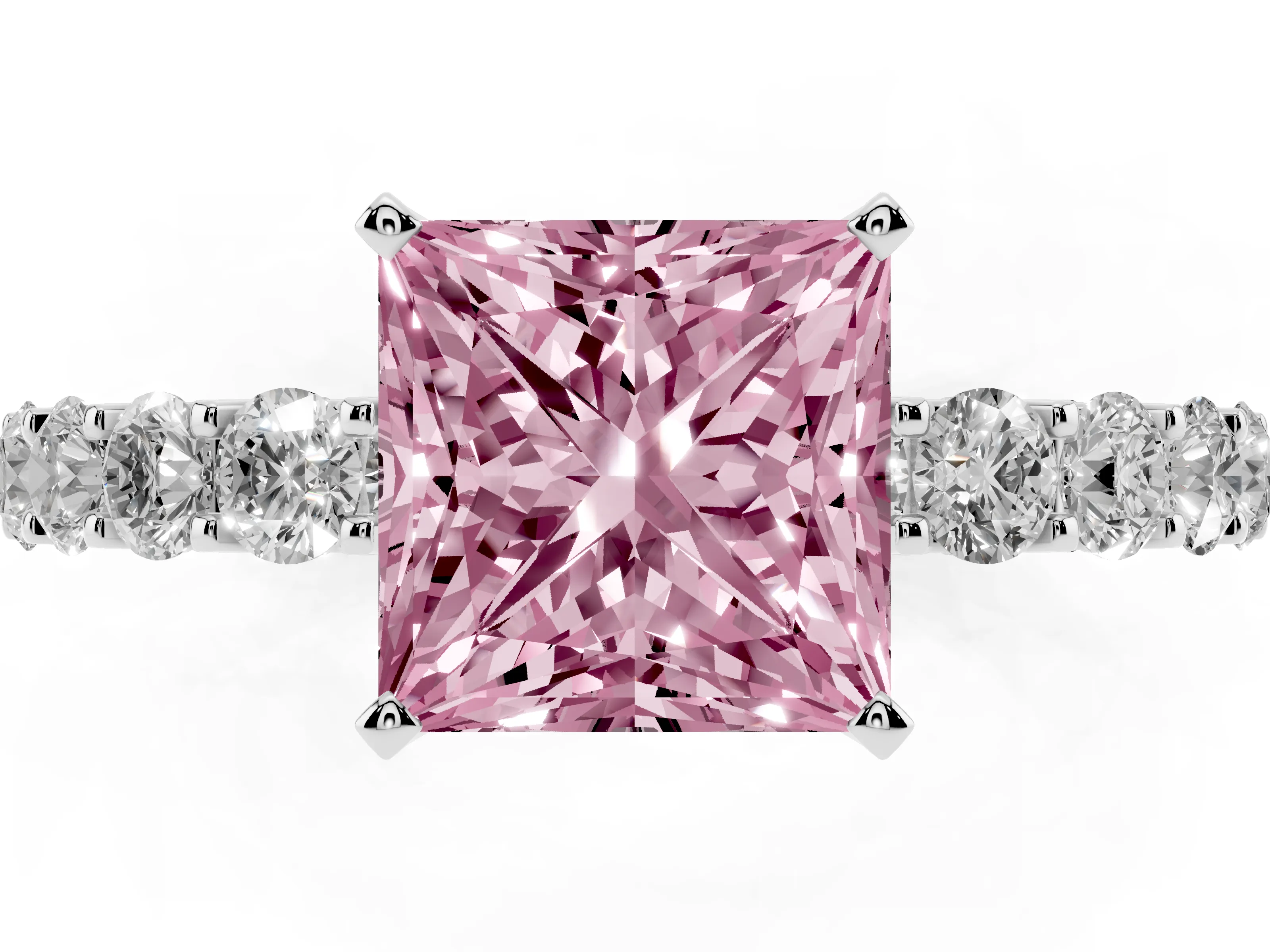 Fancy Pink Princess Cut Diamond Solitaire Ring Set in Platinum with Shared Prong Pavé Band