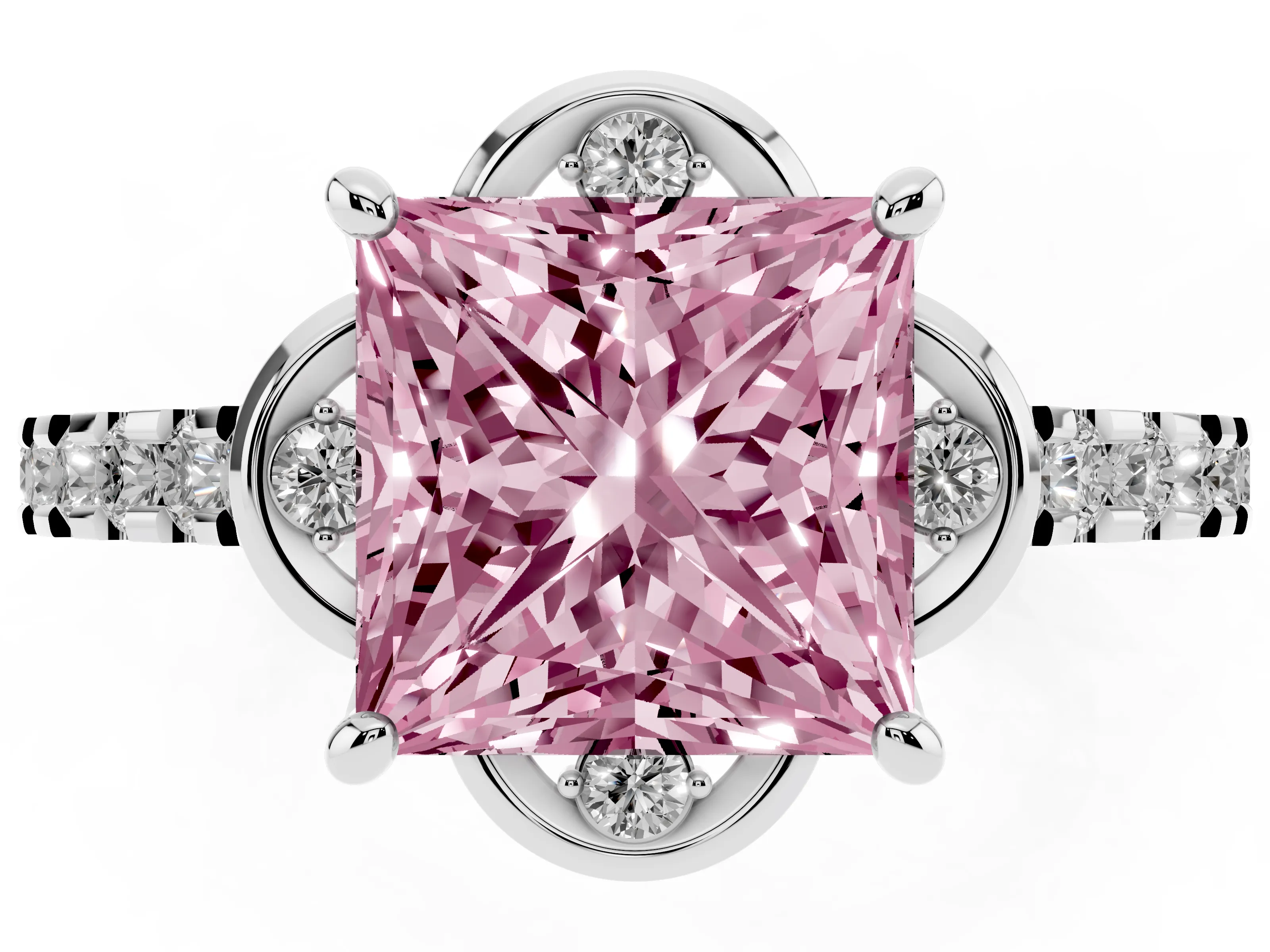 Fancy Pink Princess Cut Diamond Solitaire Ring Set in Silver with Pavé Band and Floral Prong Setting