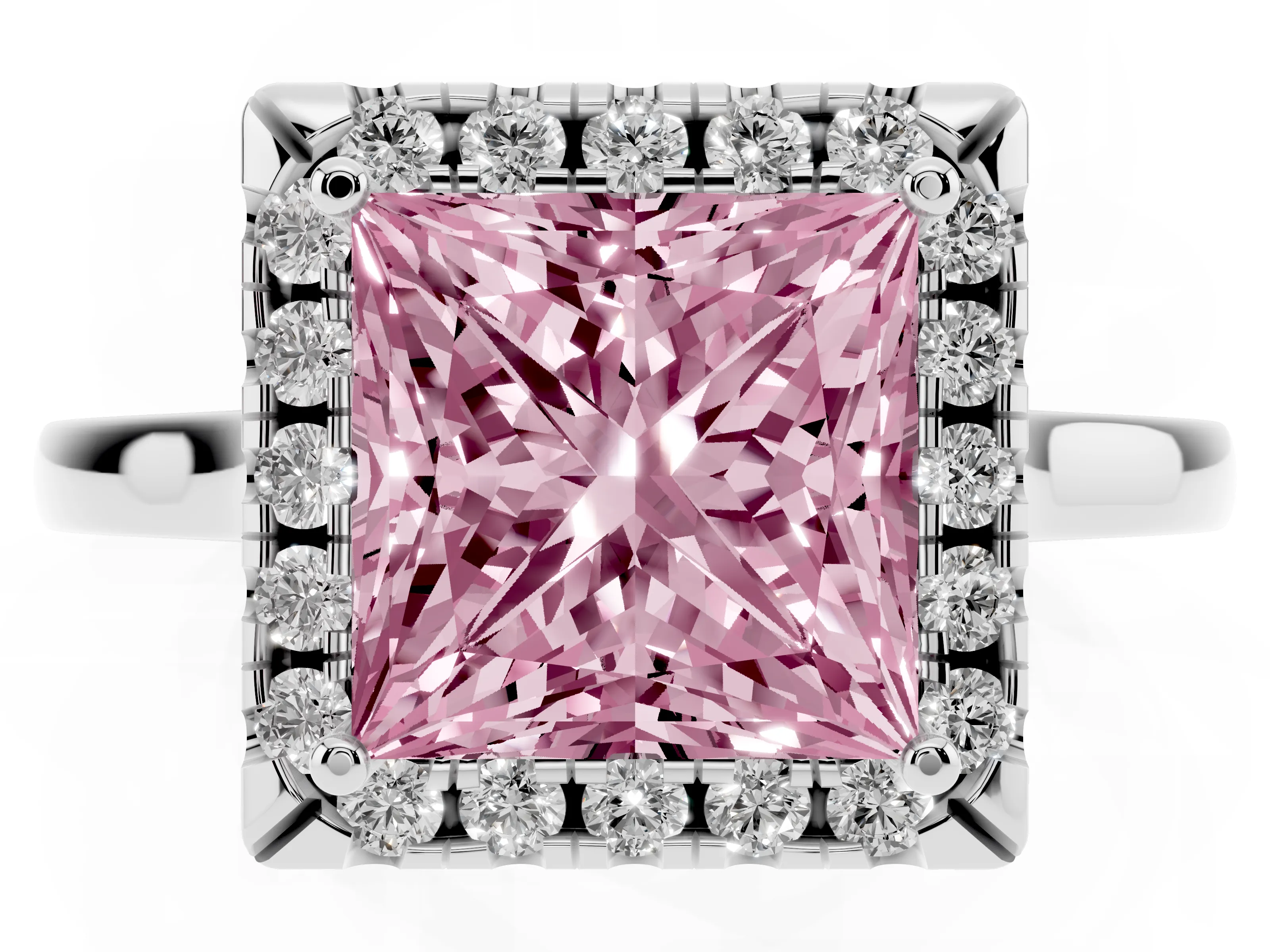 Fancy Pink Princess Cut Halo Round Diamond Solitaire Ring Set in Platinum with Pavé Band and Prong Setting