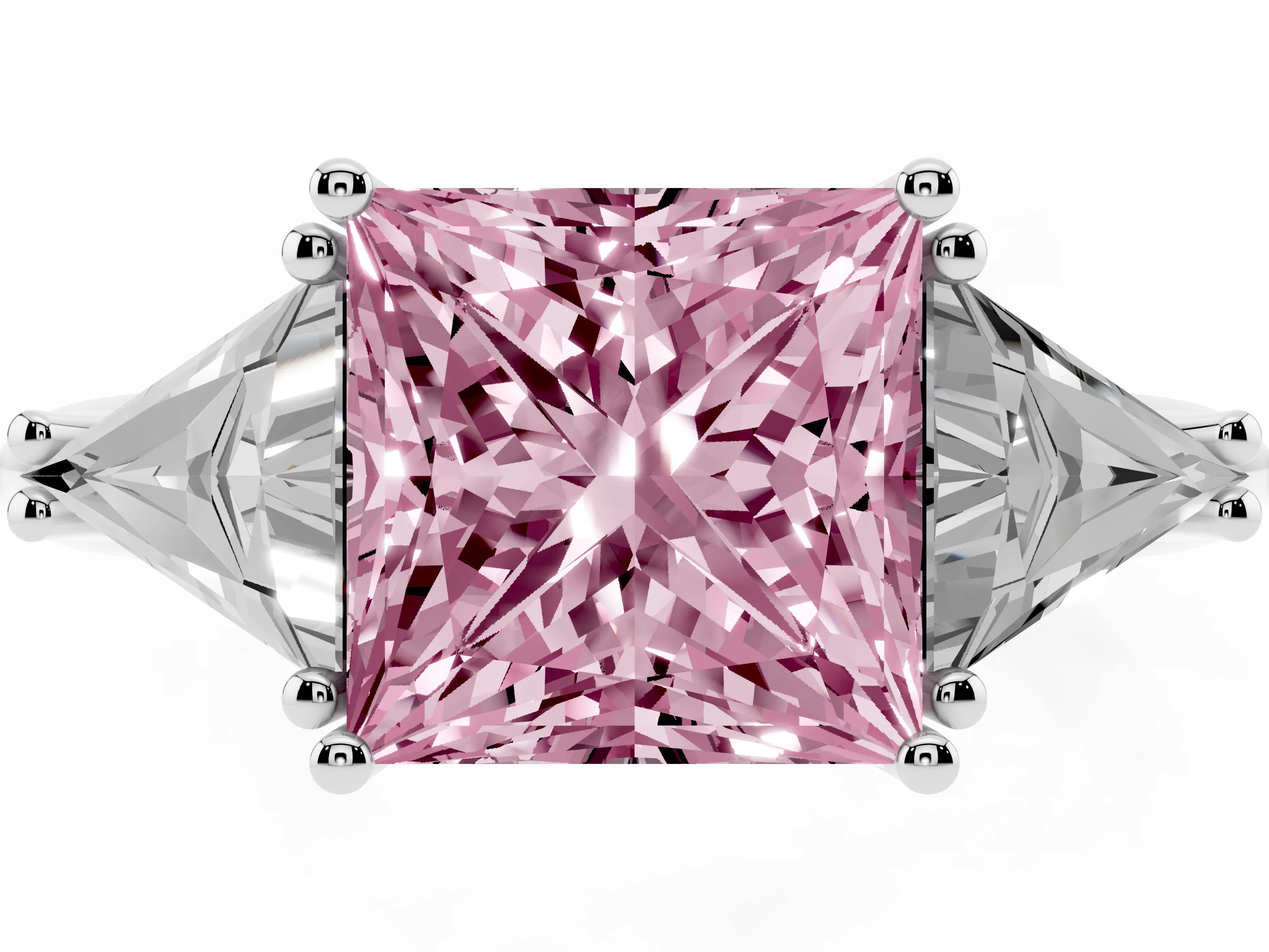Fancy Pink Princess Cut Diamond Three-Stone Engagement Ring Set in Silver with Trillion Side Stones