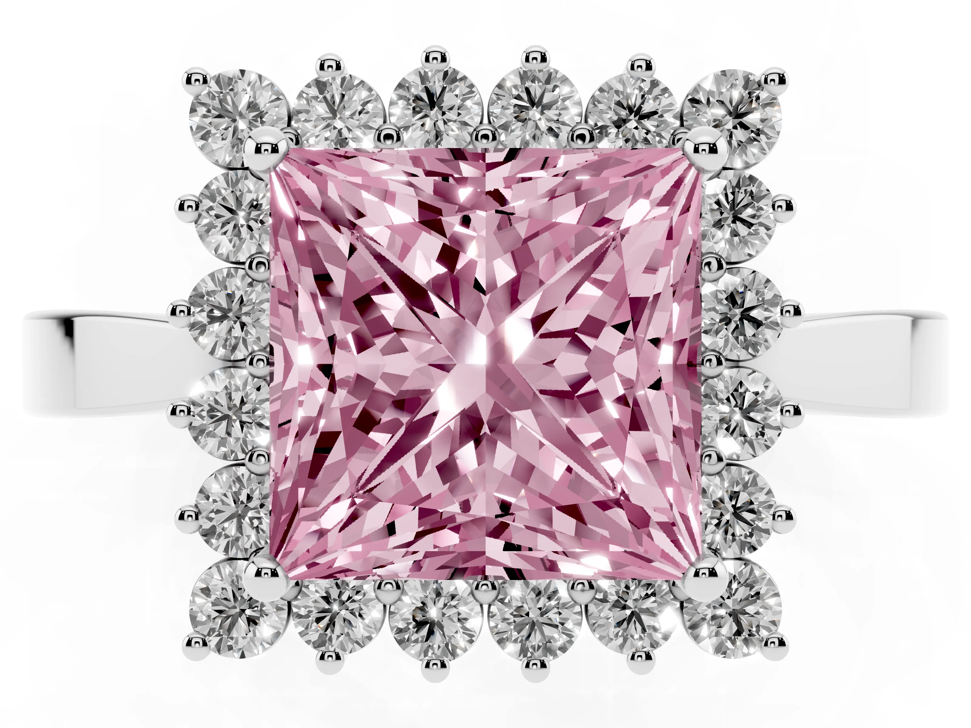 Fancy Pink Princess Cut Diamond Halo Ring Set in White gold with Round Halo and Smooth Solitaire Band