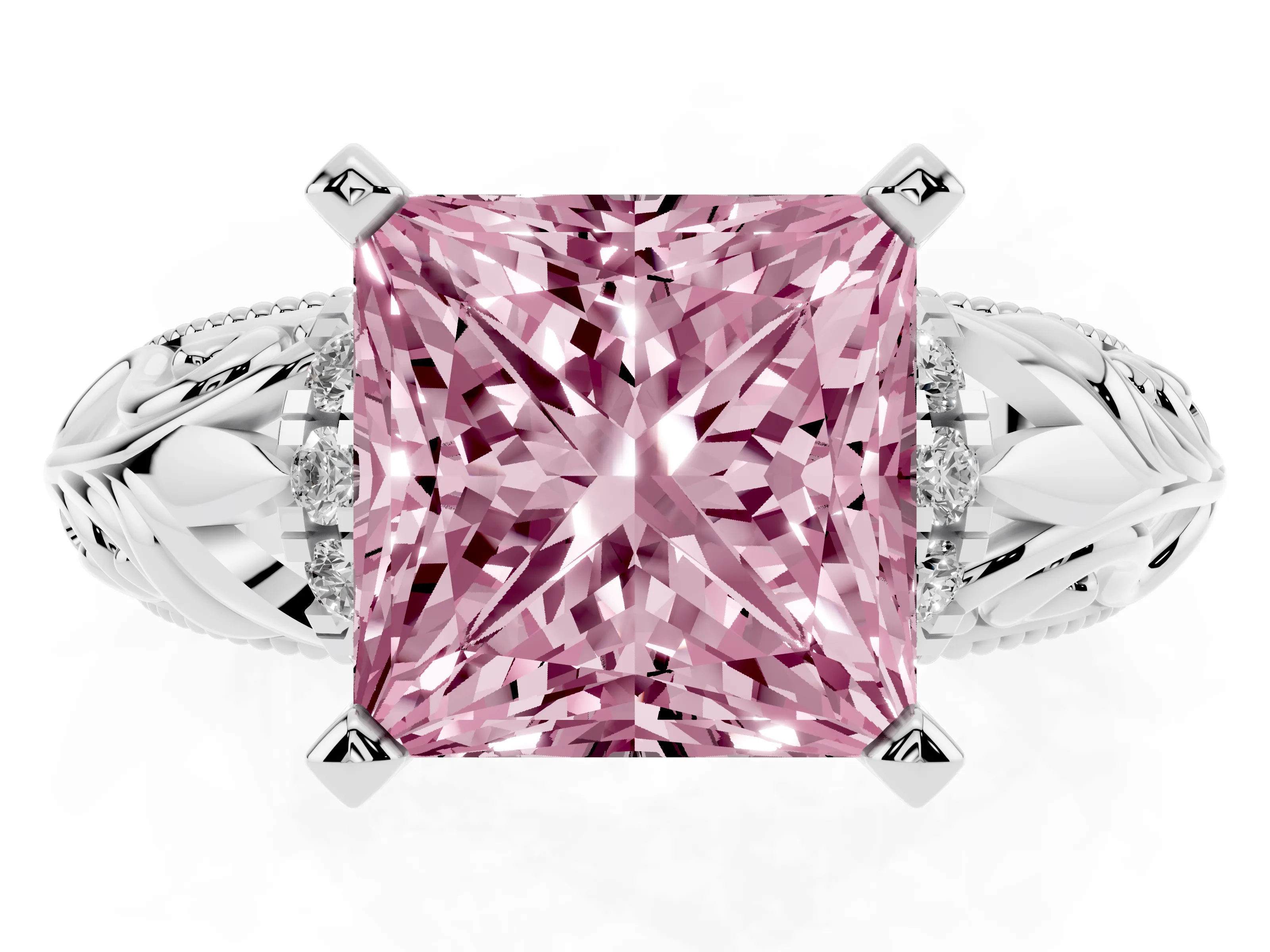 Fancy Pink Princess Cut Diamond Filigree Halo Engagement Ring Set in White gold with Prong Setting