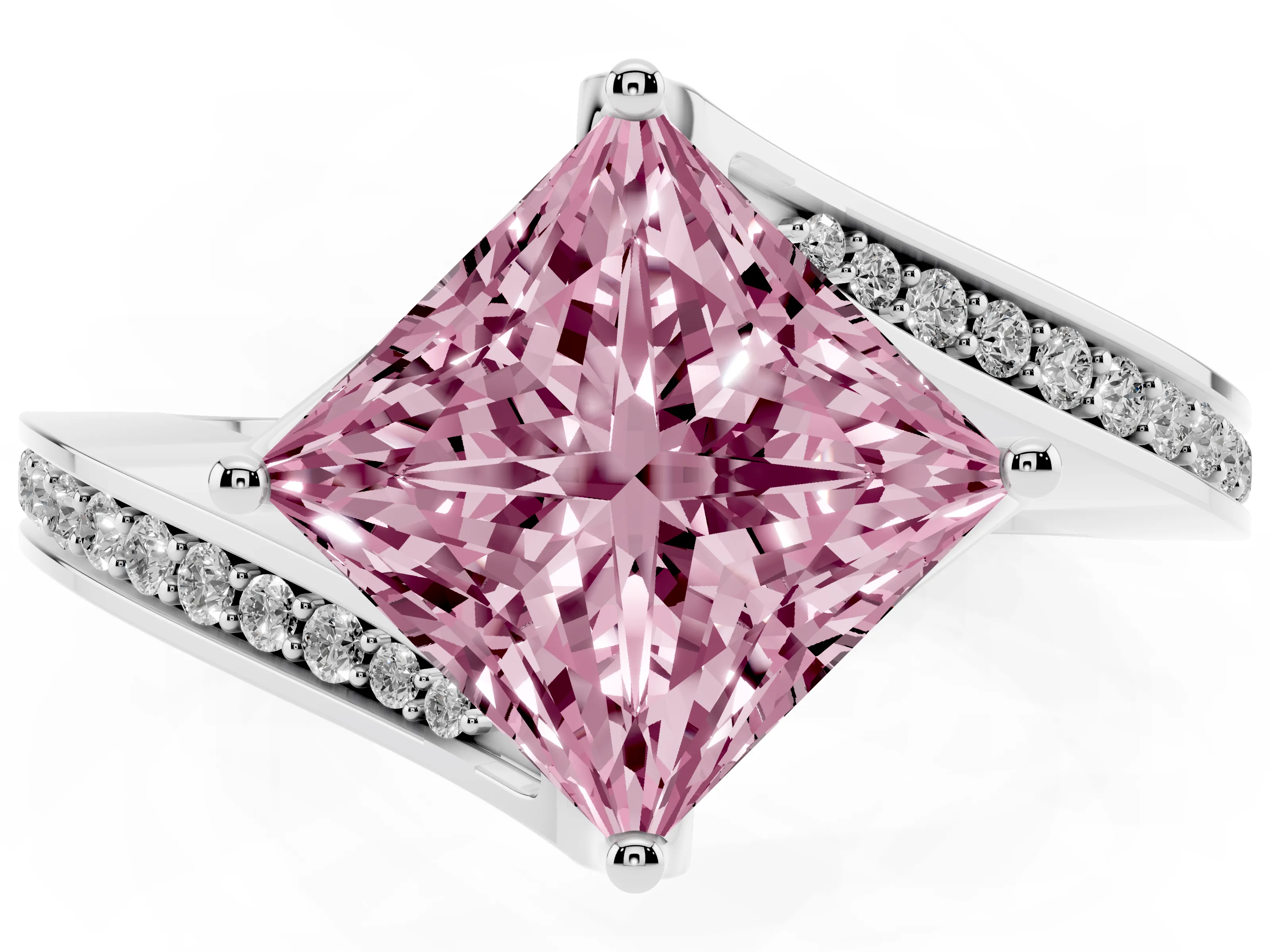 Fancy Pink Princess Cut Diamond Solitaire Ring Set in Silver with Intertwined Pavé Twist Band