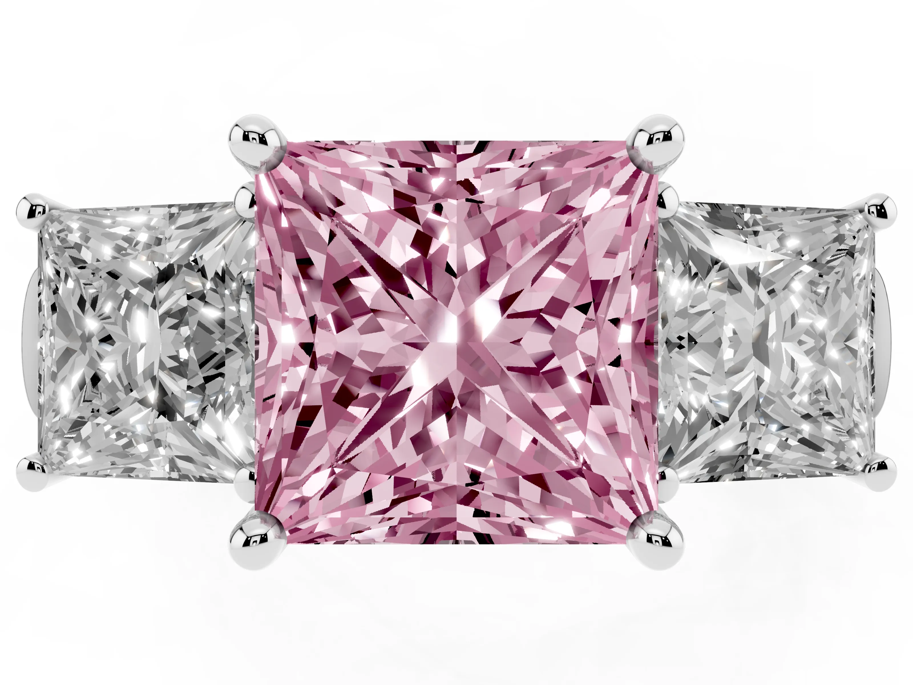 Fancy Pink Princess Cut Diamond Three-Stone Trellis Ring Set in Platinum with Comfort Fit Band
