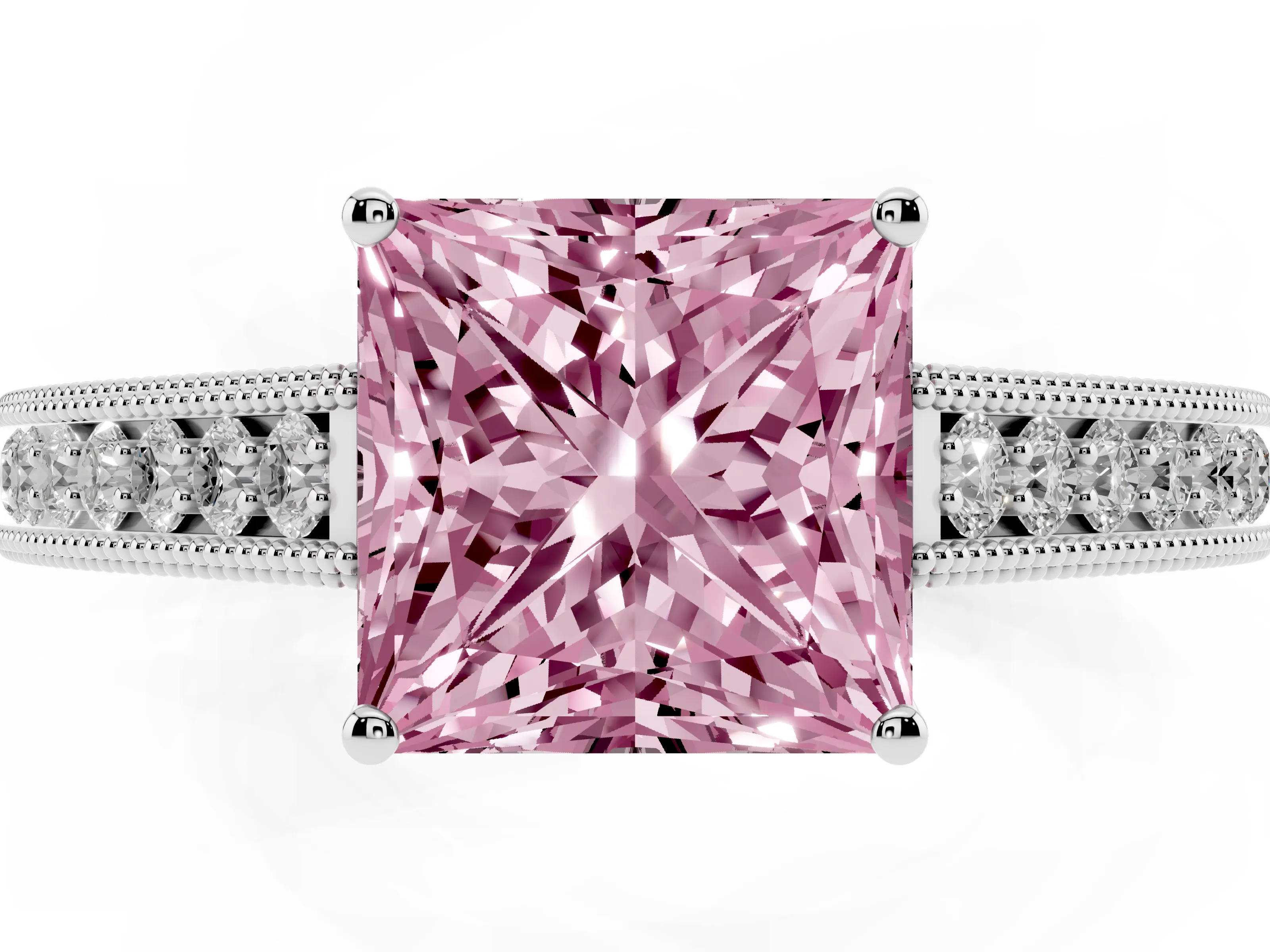 Fancy Pink Princess Cut Diamond Milgrain Pavé Band Solitaire Ring Set in Platinum with Prong Setting