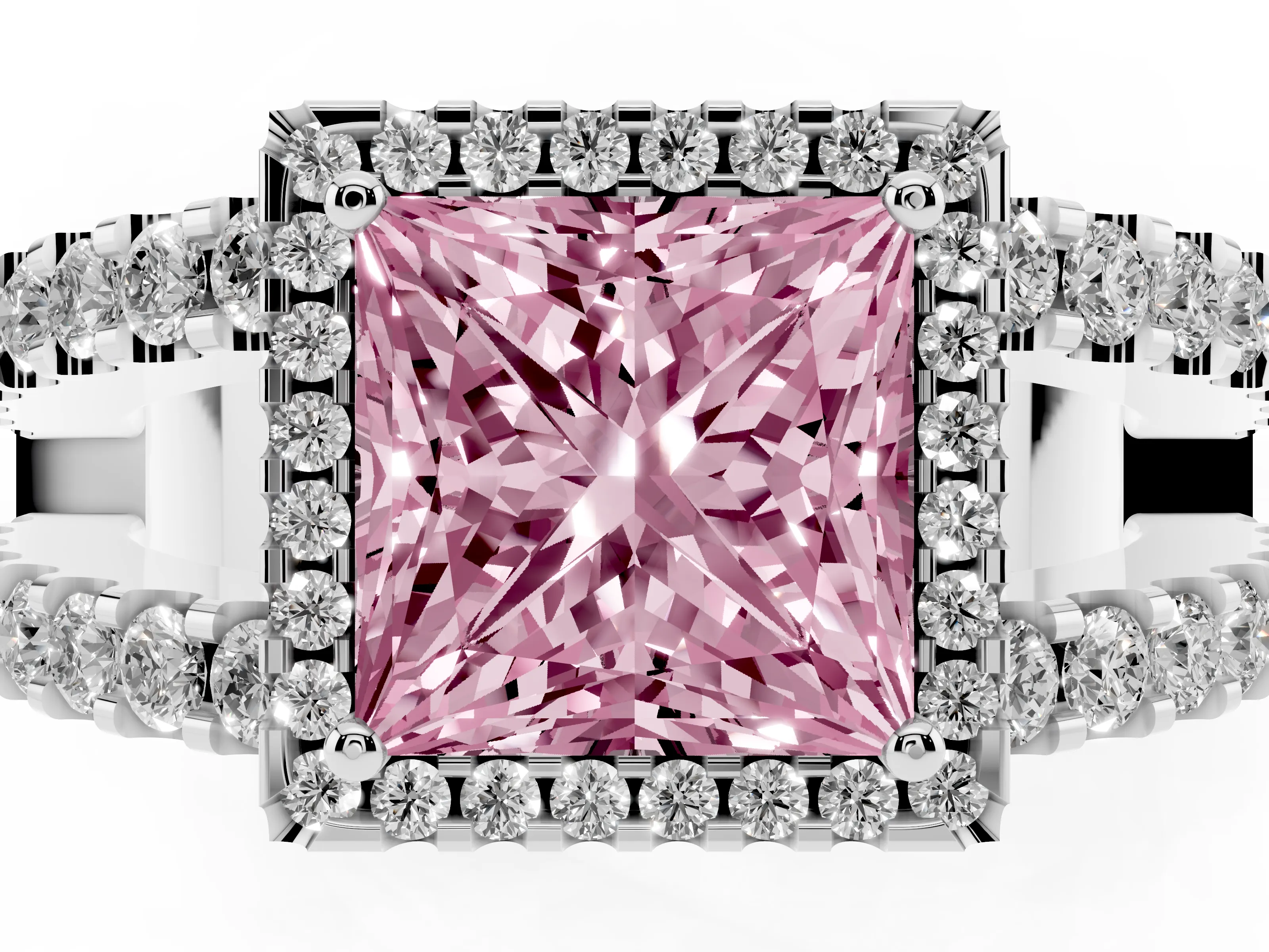 Fancy Pink Princess Cut Diamond Halo Ring Set in Silver with Pavé Split Shank and Prong Setting
