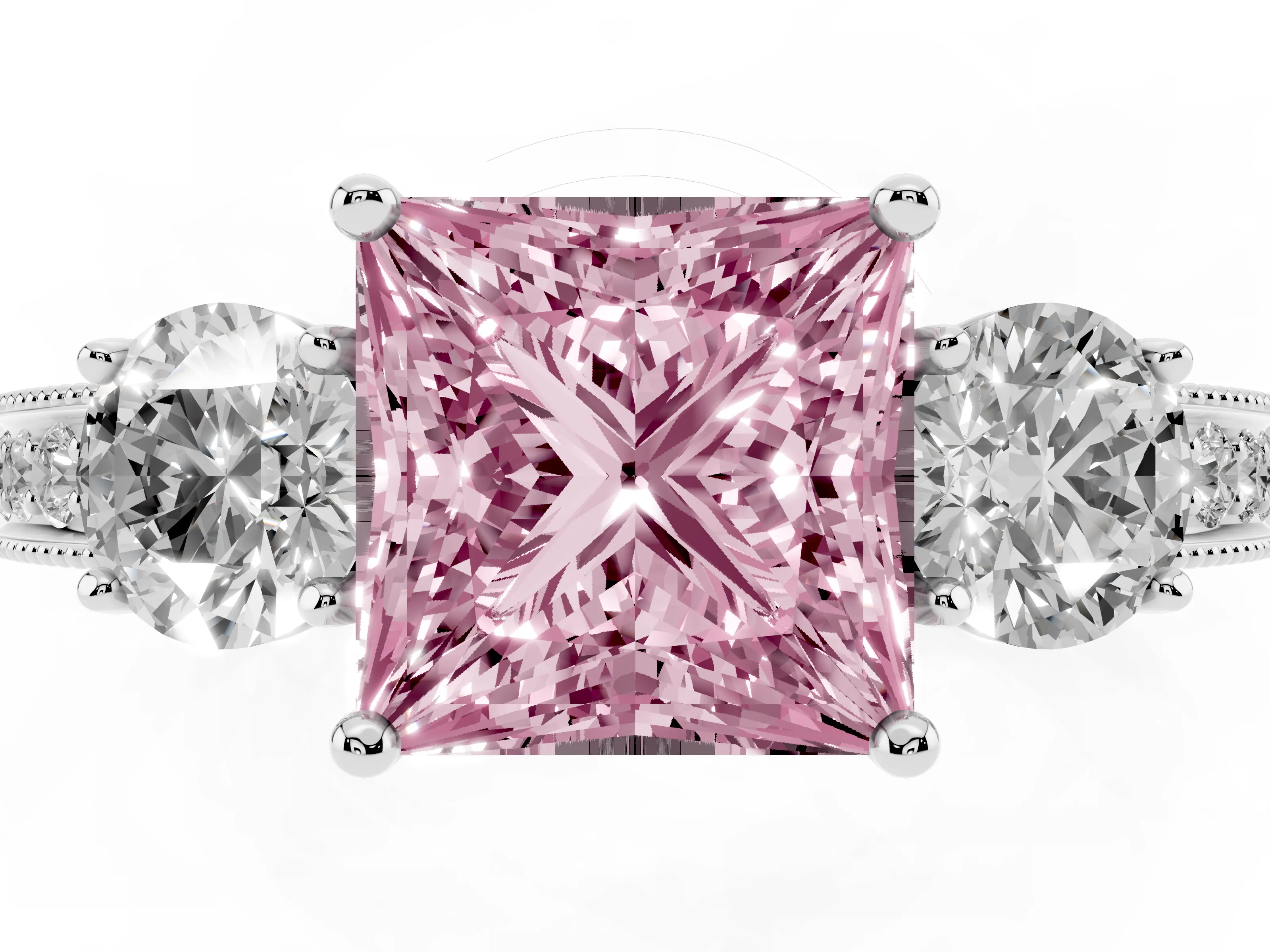 Fancy Pink Princess Cut Diamond Three-Stone Ring Set in Platinum with Round Side Stones and Pavé Band