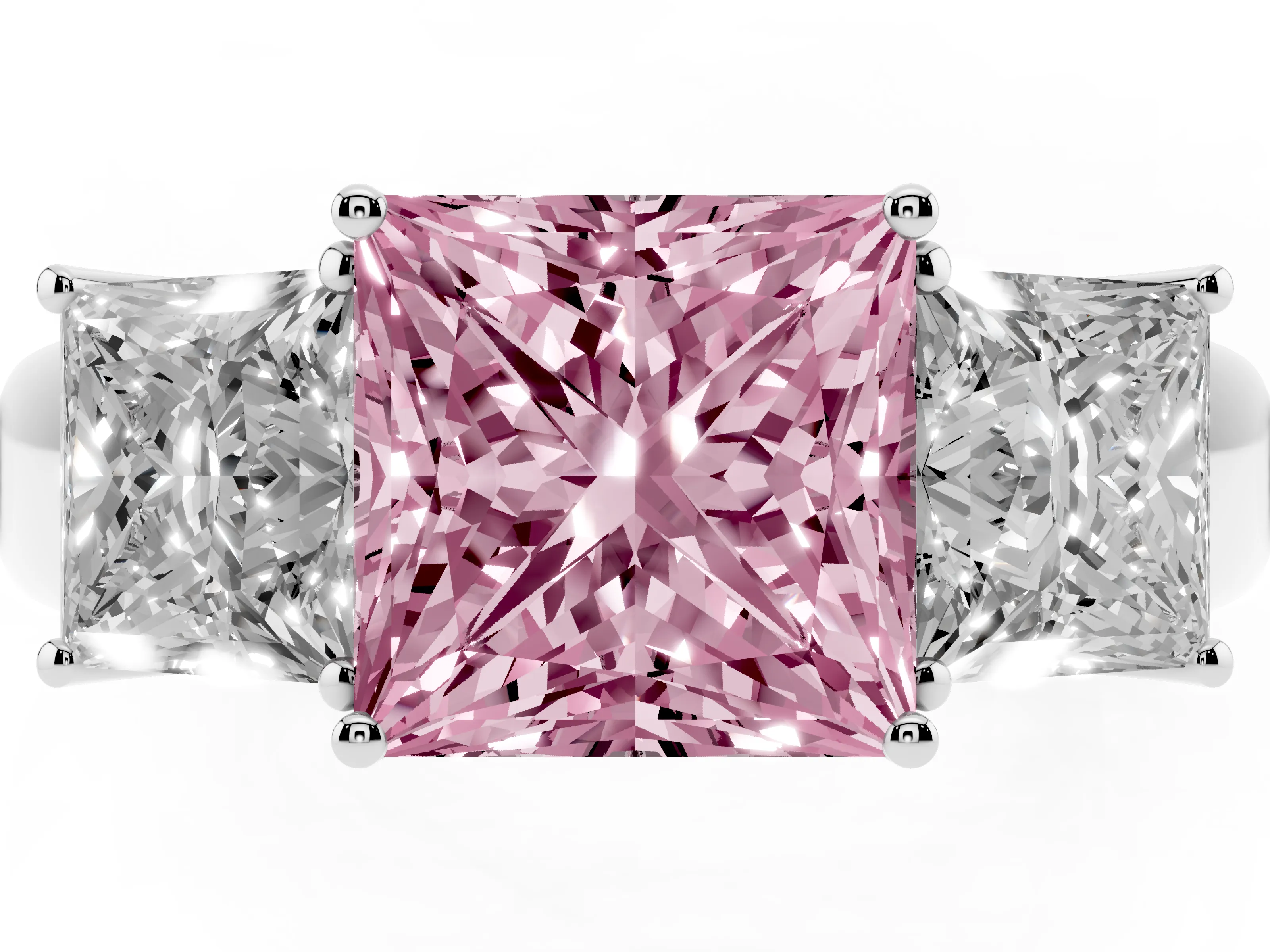 Fancy Pink Three-Stone Princess Cut Diamond Ring Set in Platinum with Matching Prong Settings and Plain Band