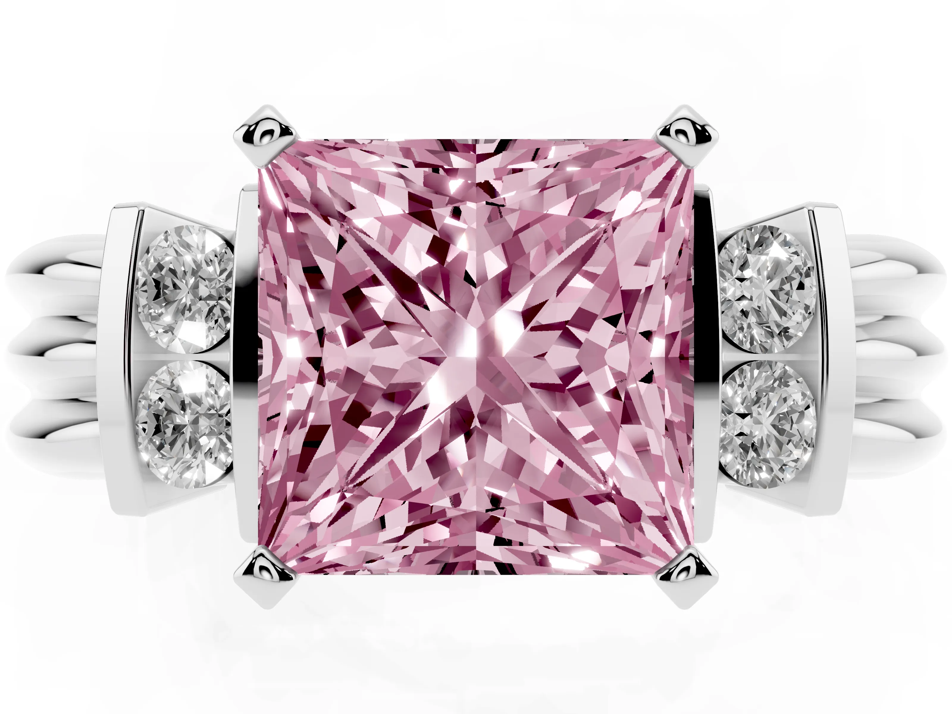 Fancy Pink Three-Stone Princess Cut Diamond Channel Set Ring Set in Platinum with Bar Prongs