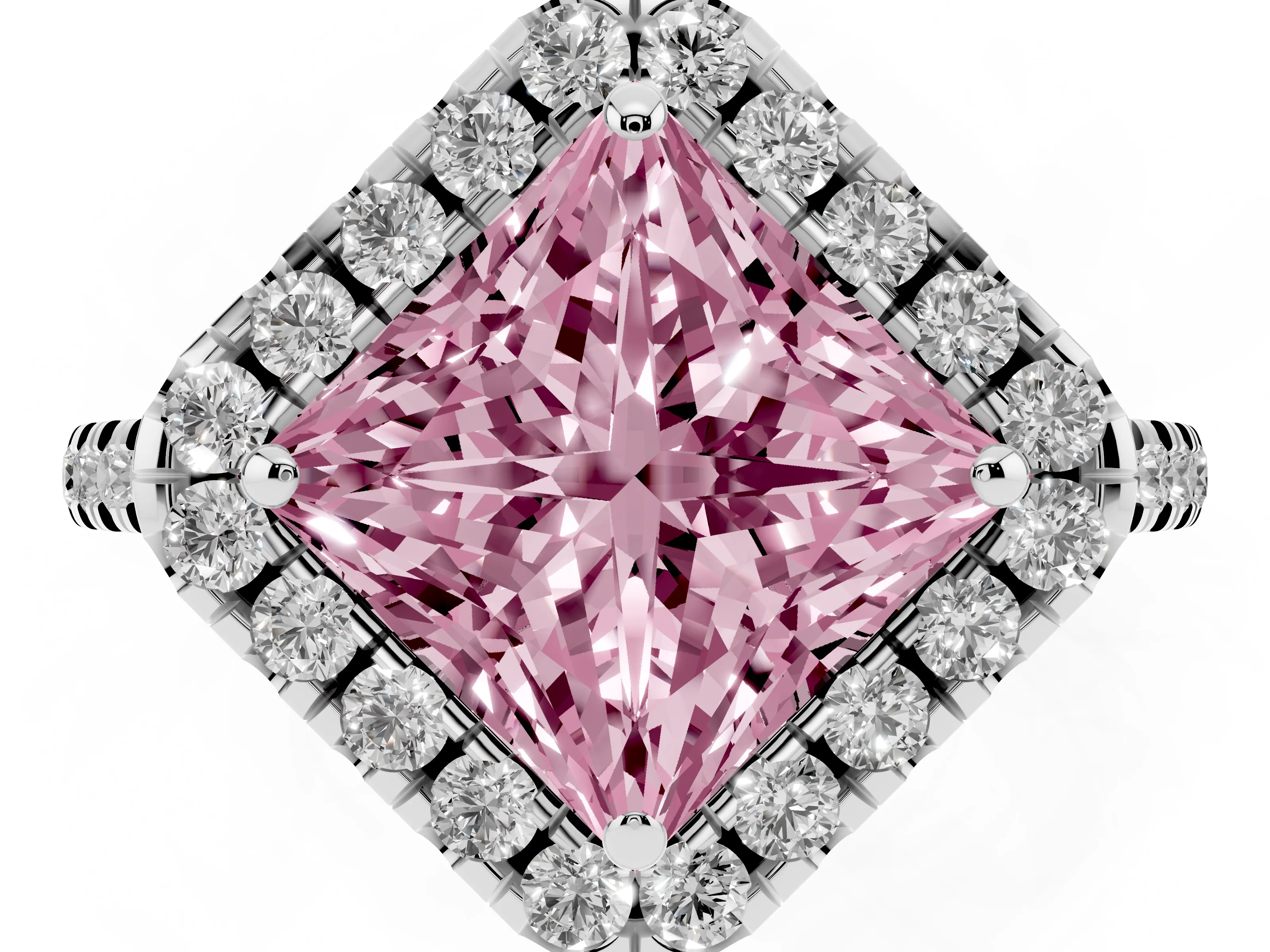 Fancy Pink Princess Cut Diamond Cushion Halo Ring Set in White gold with Pavé Band
