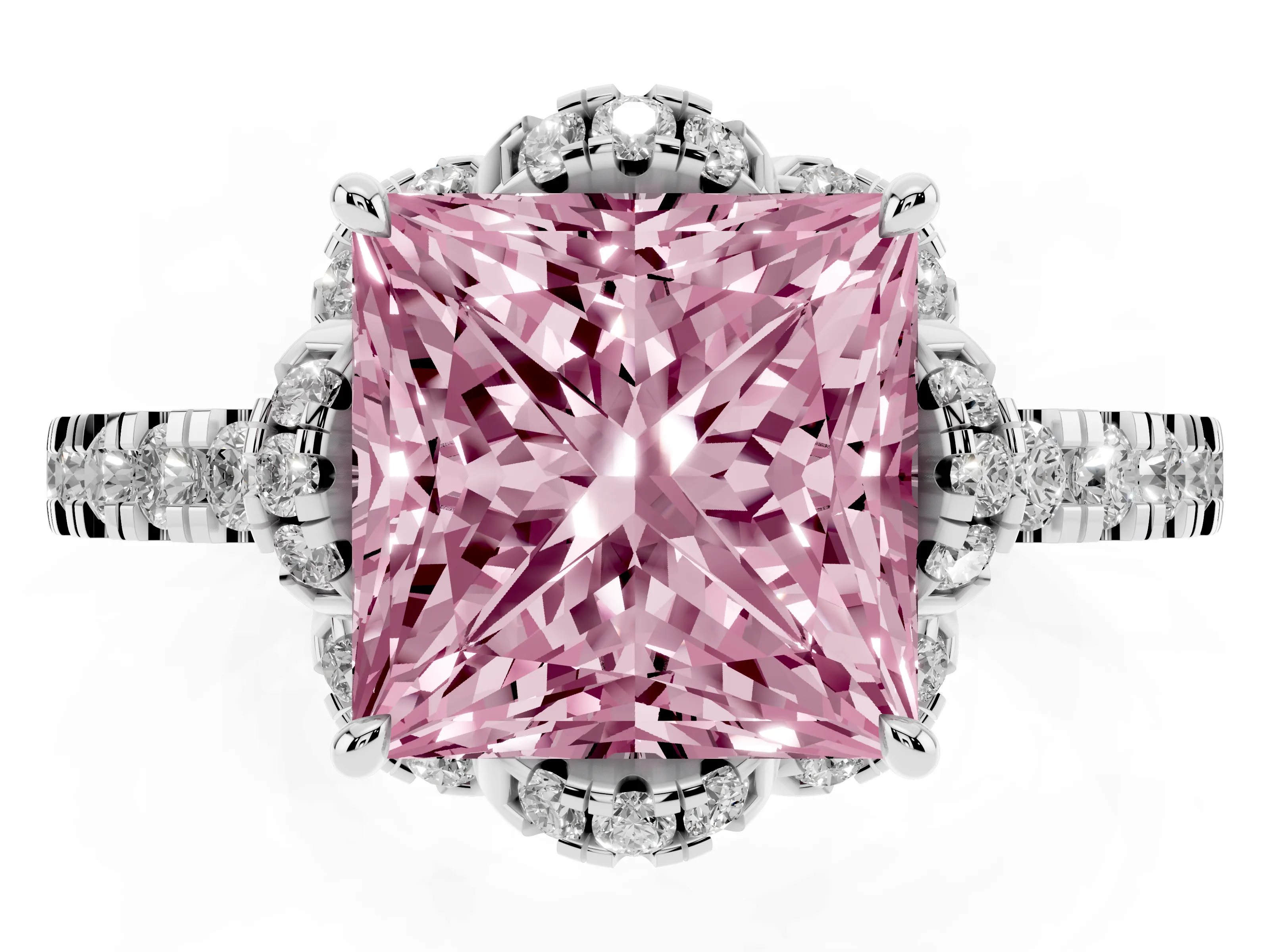 Fancy Pink Princess Cut Diamond Halo Pavé Band Ring Set in Silver with Prong-Held Center
