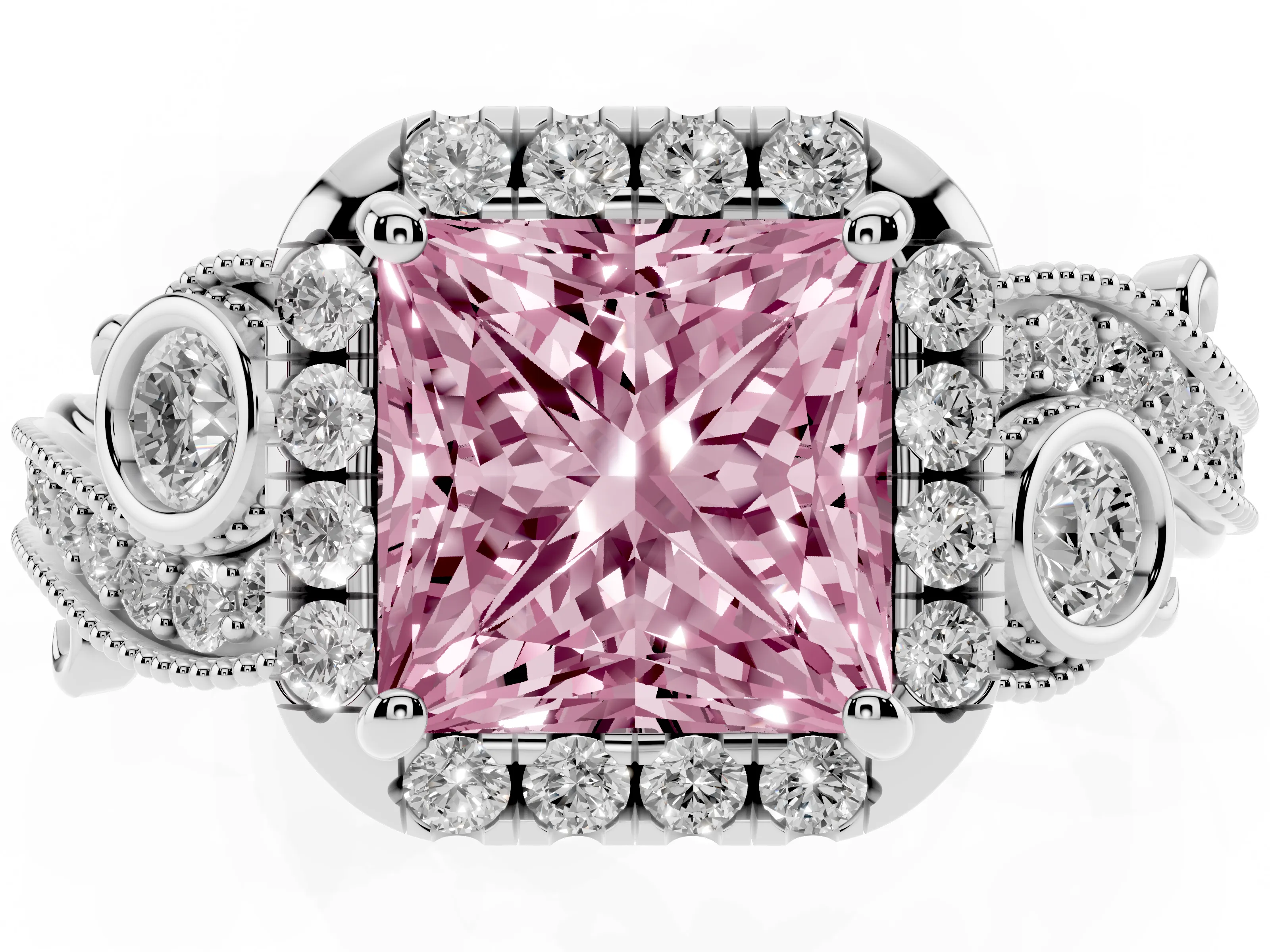Fancy Pink Princess Cut Diamond Halo Ring Set in Platinum with Milgrain Pavé Band and Prong Setting