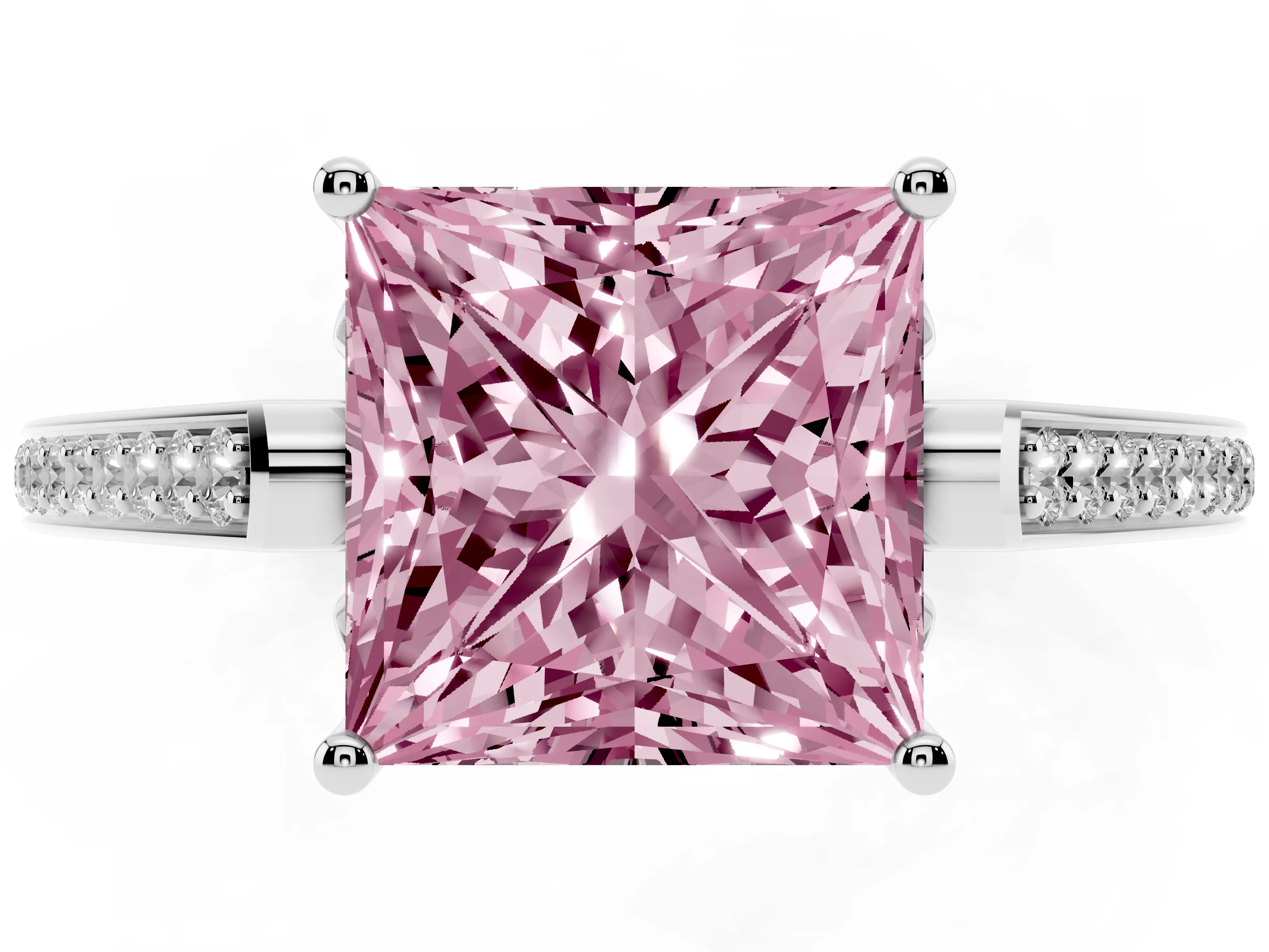 Fancy Pink Princess Cut Diamond Cathedral Pavé Engagement Ring Set in White gold with Prong Setting