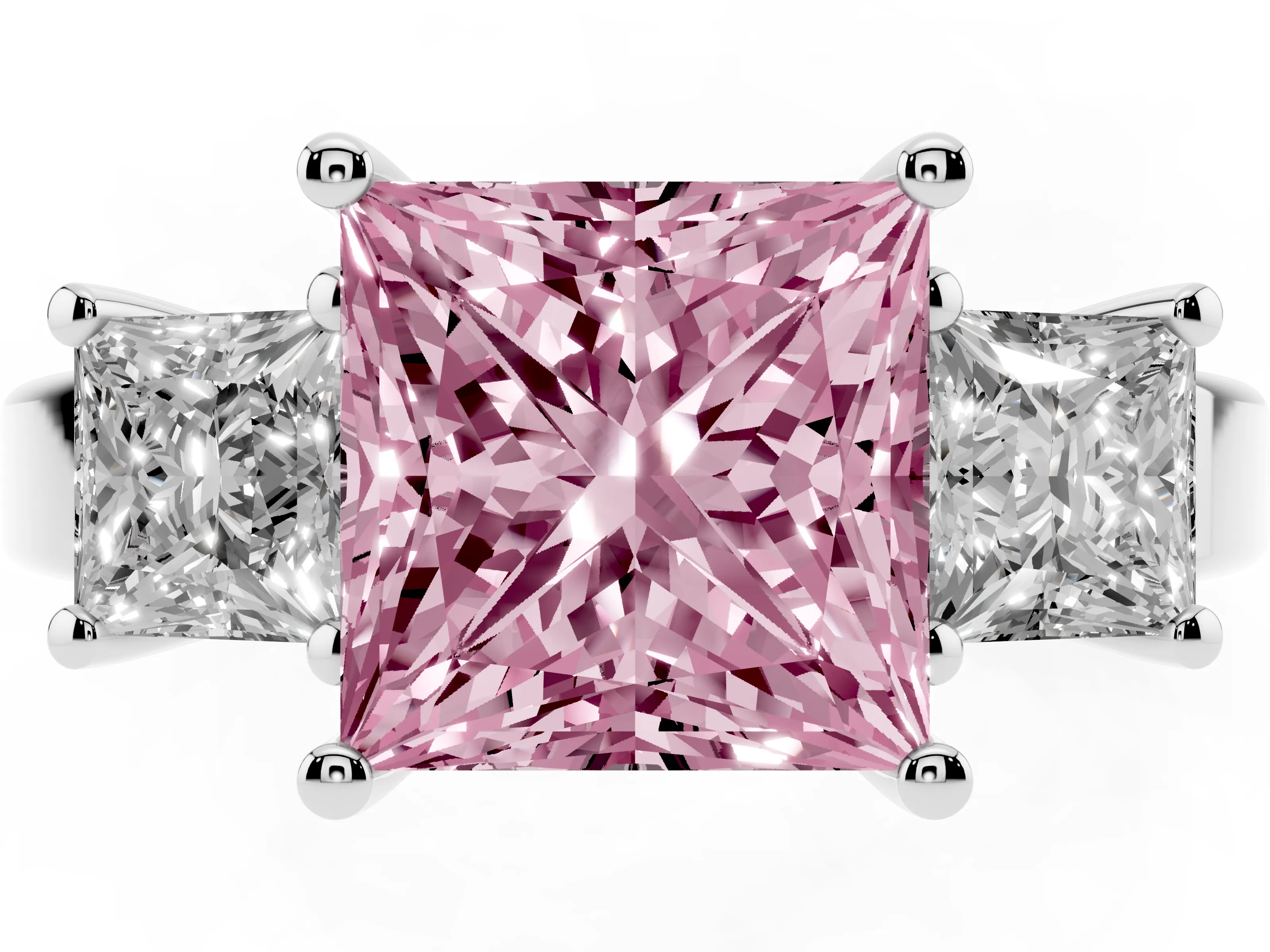 Fancy Pink Three-Stone Princess Cut Diamond Solitaire Ring Set in Platinum with Prong Setting