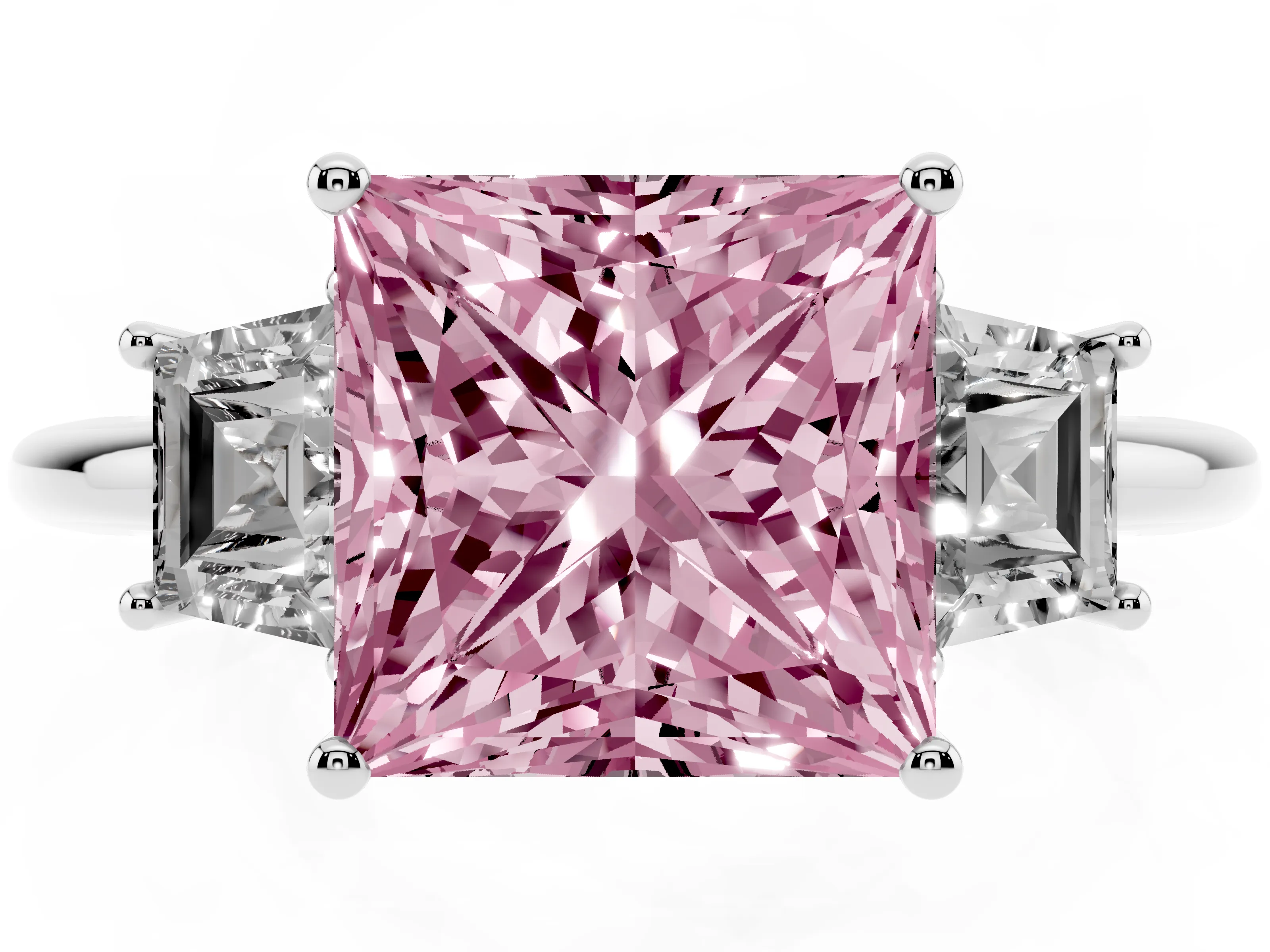 Fancy Pink Princess Cut Diamond Three-Stone Ring Set in Silver with Trapezoid Side Stones and Prong Setting