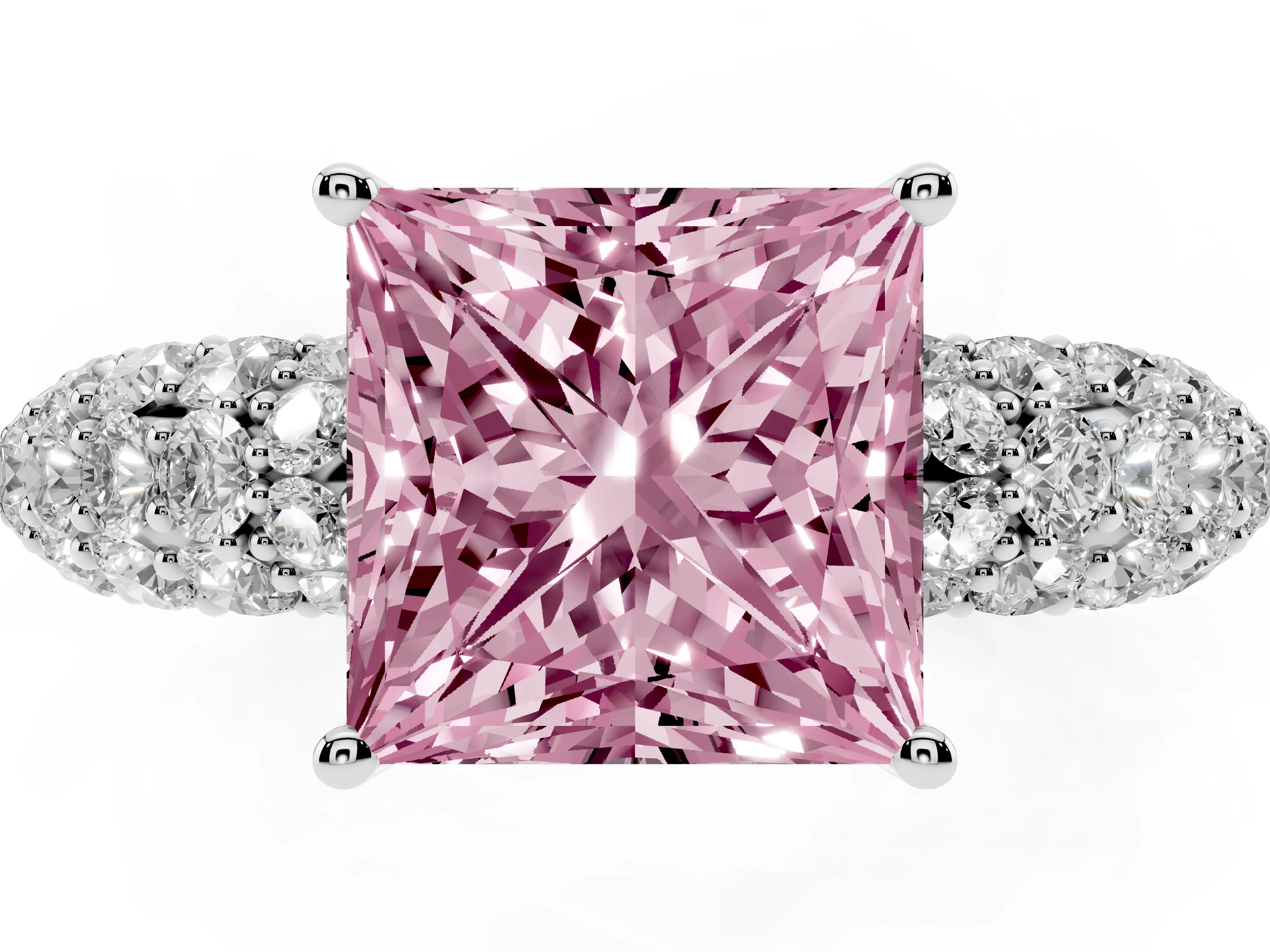 Fancy Pink Princess Cut Diamond Pavé Band Solitaire Ring Set in White gold with Close-Set Accent Stones and Prong Setting