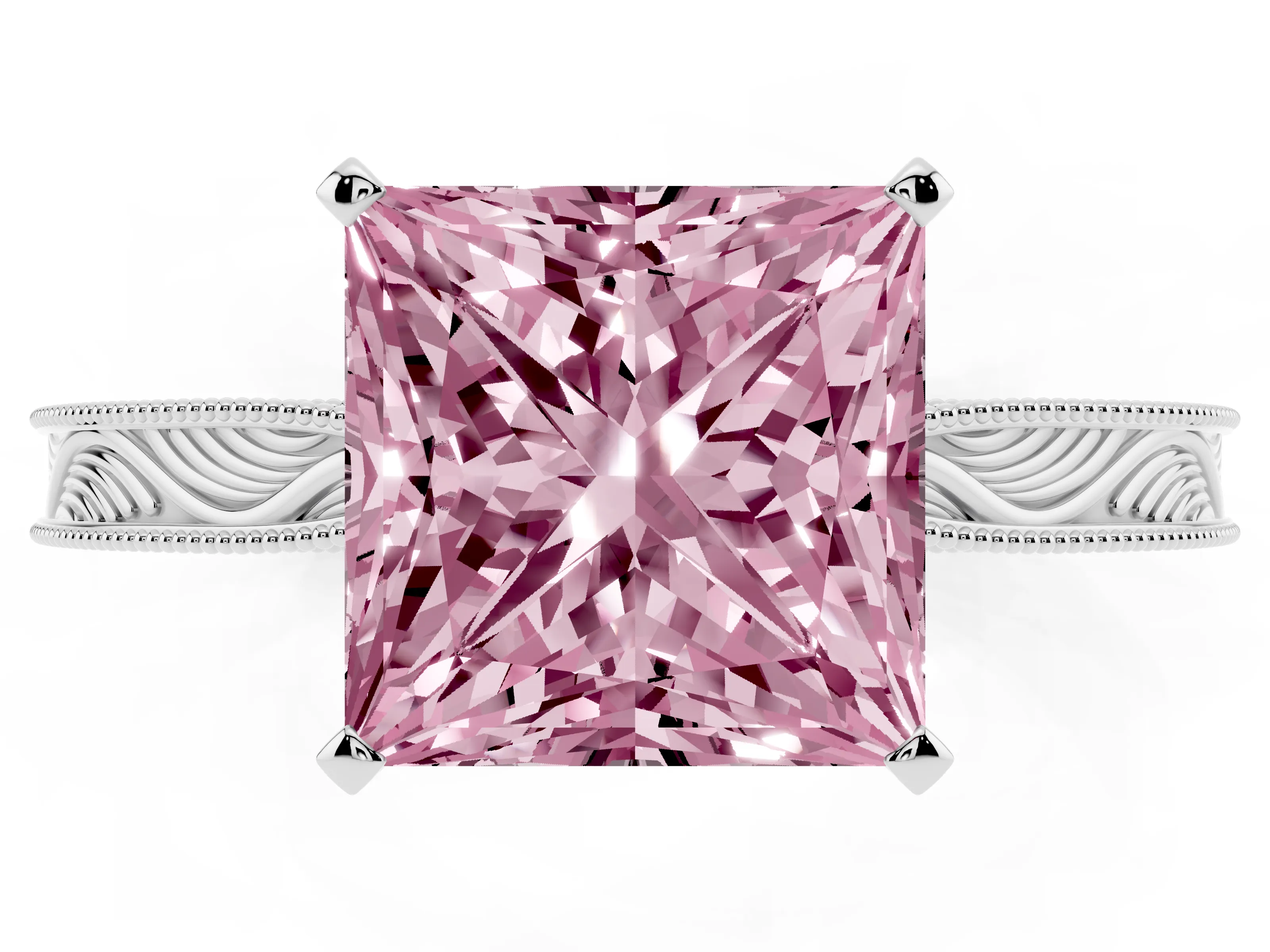 Fancy Pink Princess Cut Diamond Solitaire Milgrain Engraved Band Set in Platinum with Prong Setting