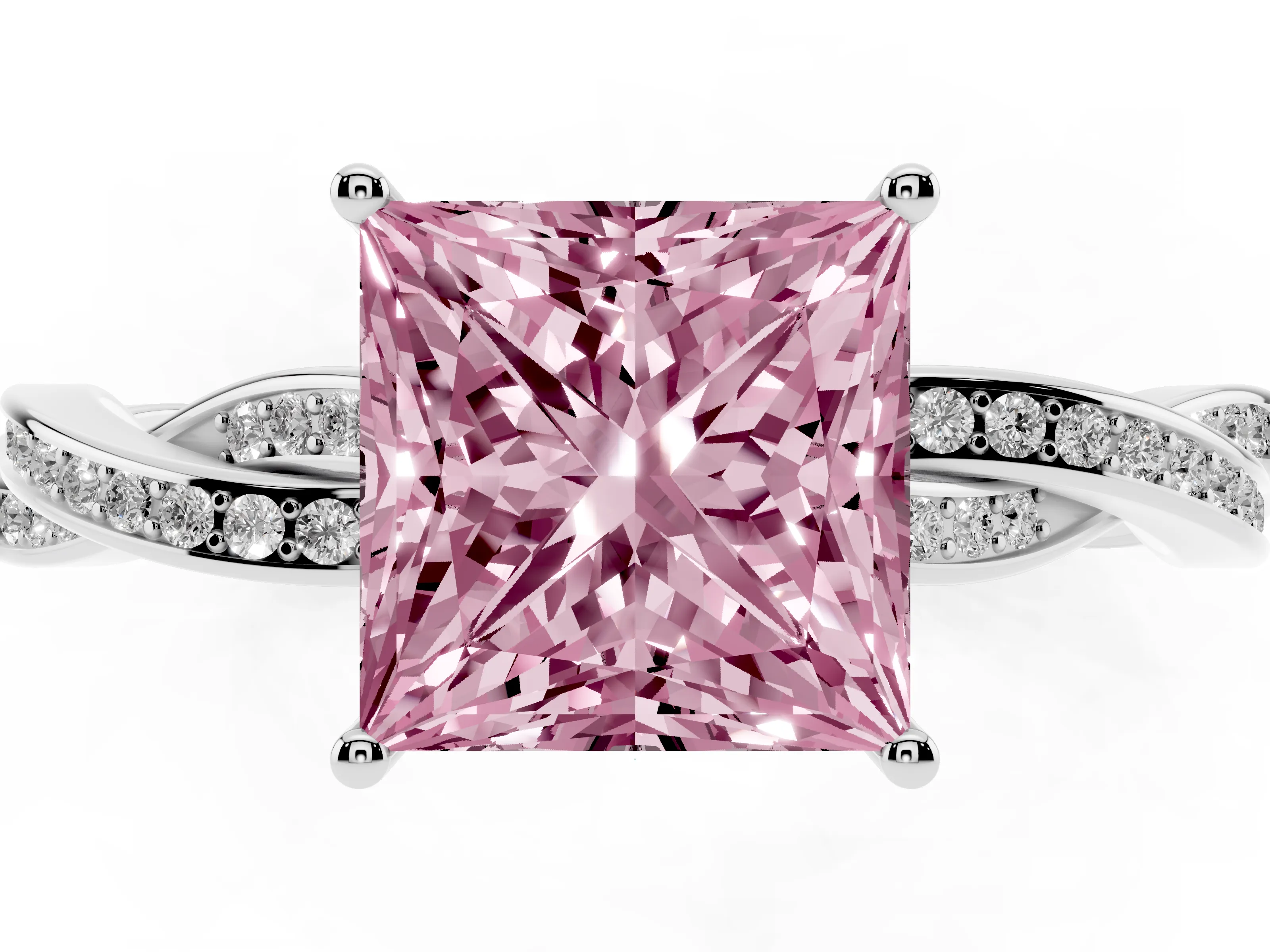 Fancy Pink Princess Cut Diamond Solitaire Twisted Pavé Ring Set in White gold with Prong Setting
