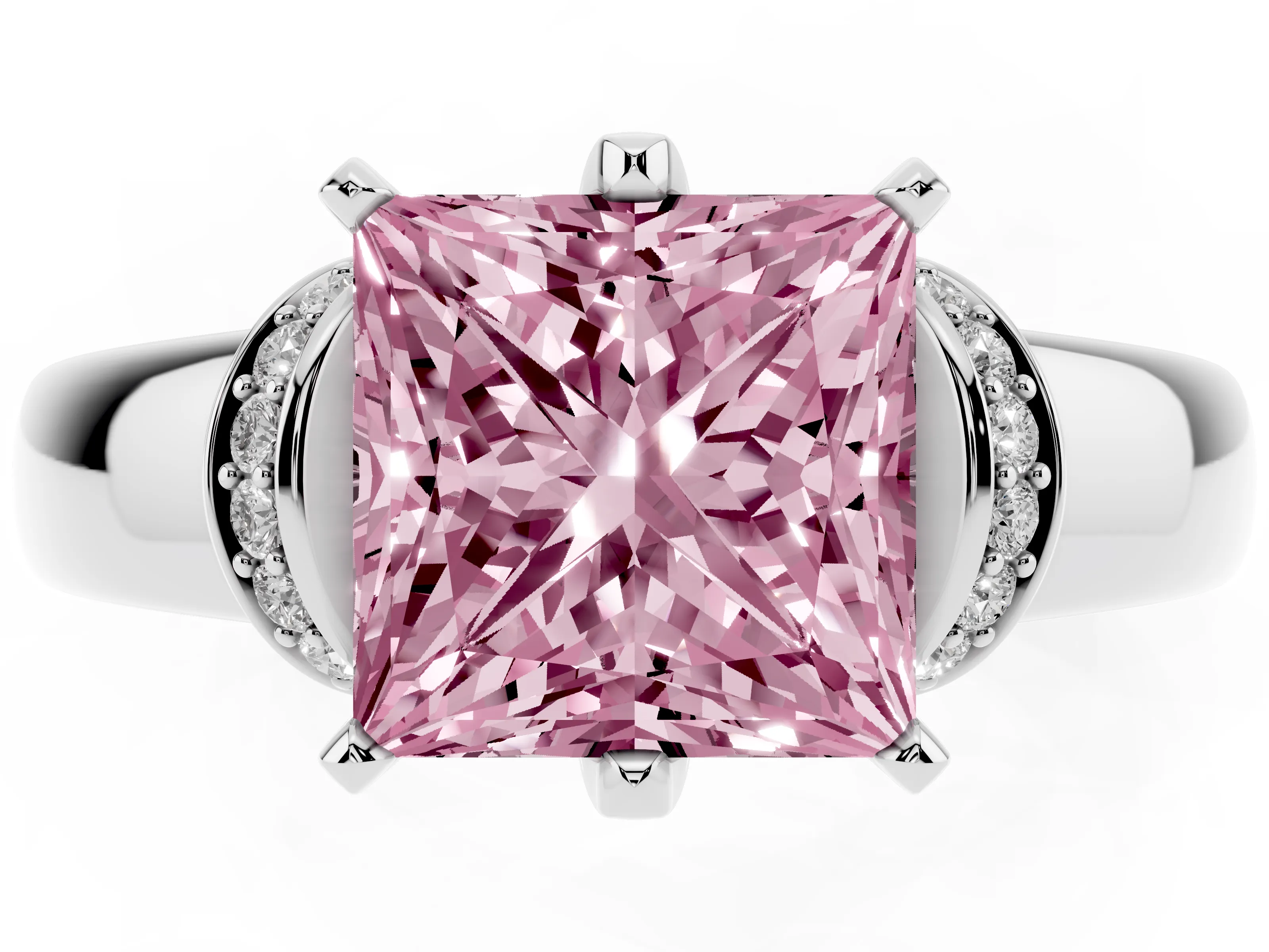 Fancy Pink Princess Cut Diamond Pavé Band Solitaire Ring Set in Platinum with Prong Setting