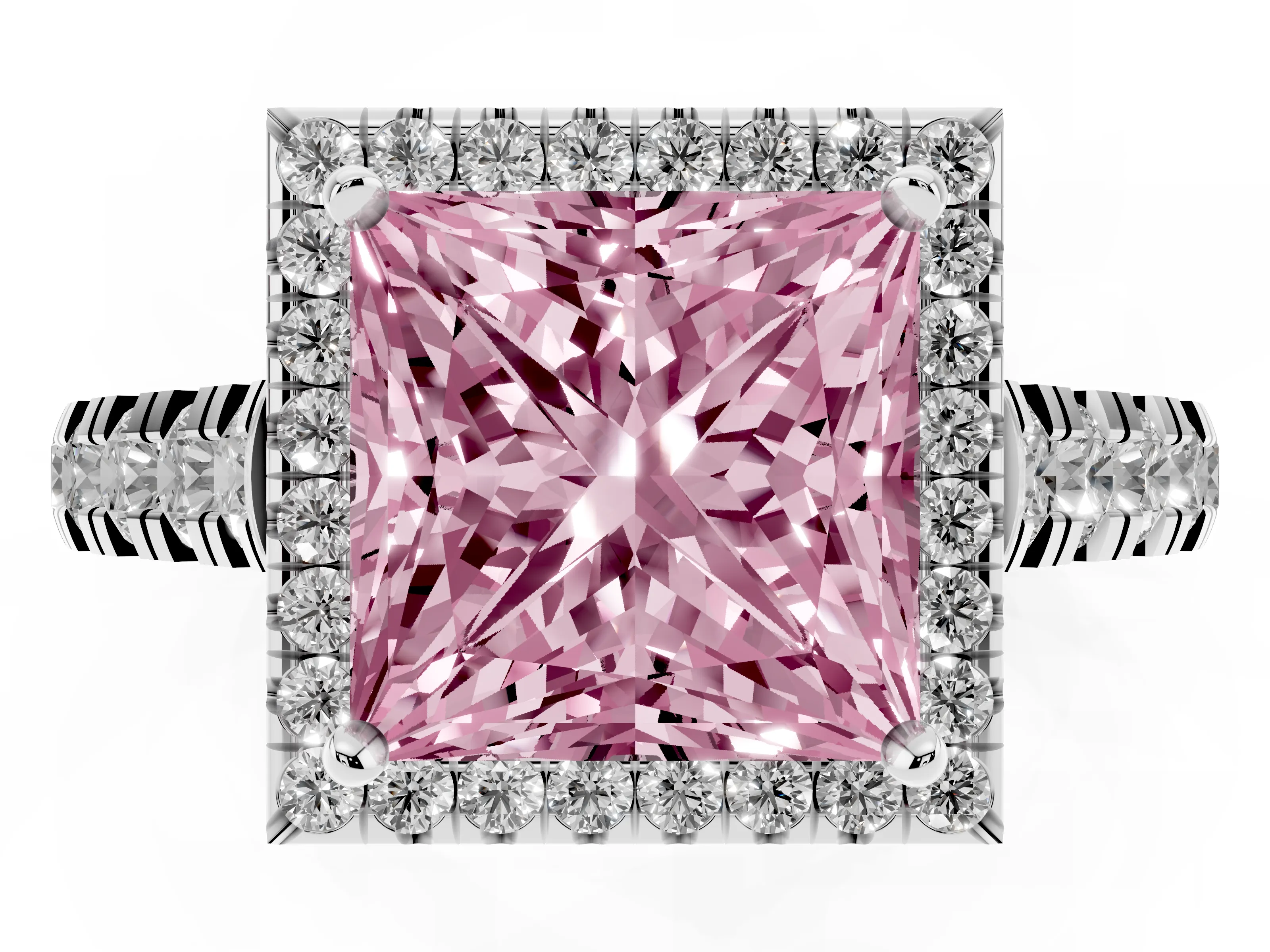 Fancy Pink Princess Cut Diamond Halo Engagement Ring Set in Platinum with Pavé Band and Prong-Set Center