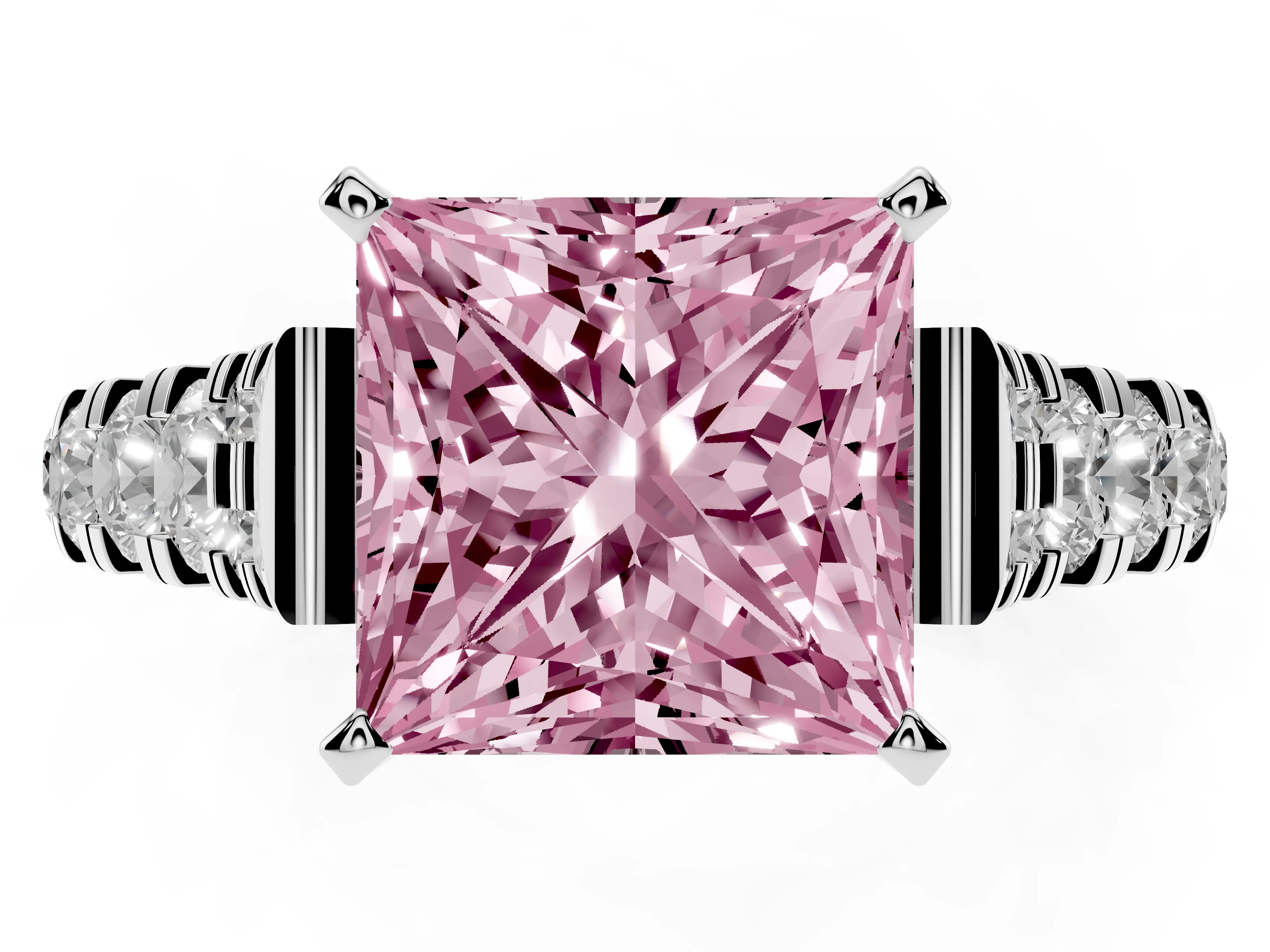 Fancy Pink Princess Cut Diamond Classic Solitaire Ring Set in Silver with Pavé Band and Prong Setting