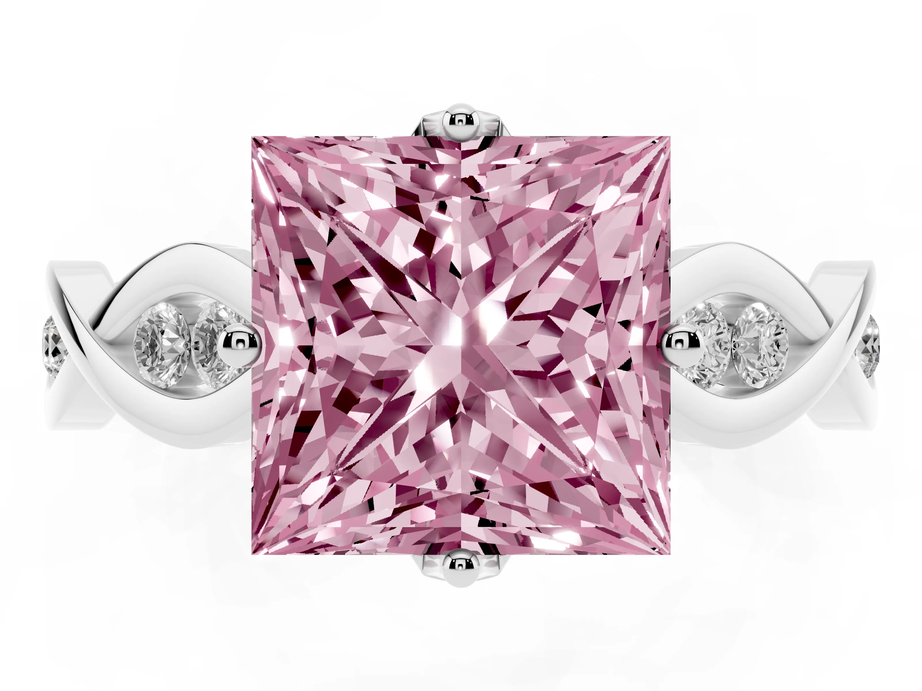 Fancy Pink Princess Cut Diamond Twist Band Solitaire Ring Set in Silver with Leaf Prong Setting and Accent Stones