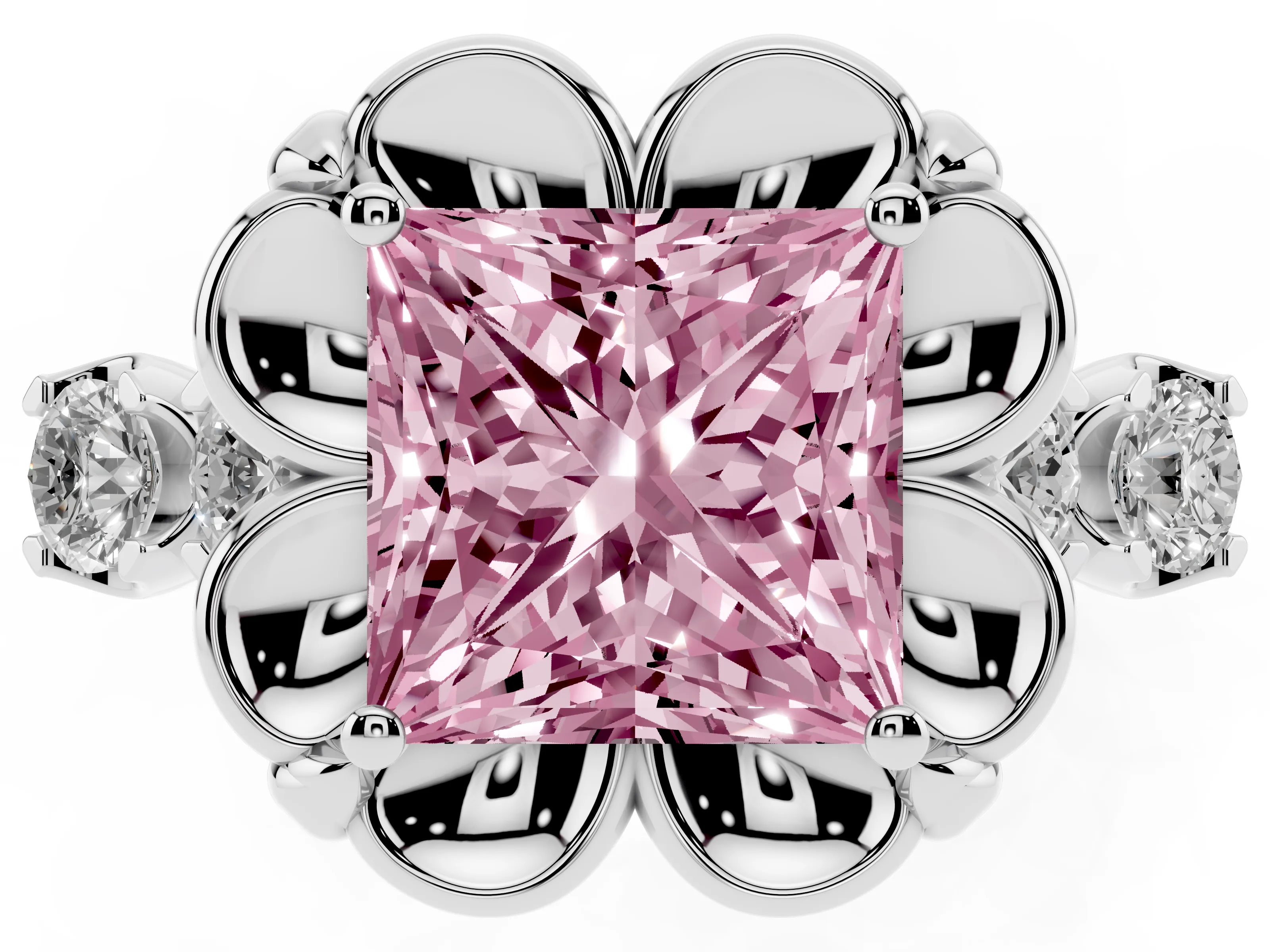 Fancy Pink Princess Cut Diamond Floral Halo Ring Set in Silver with Shared Prong Band