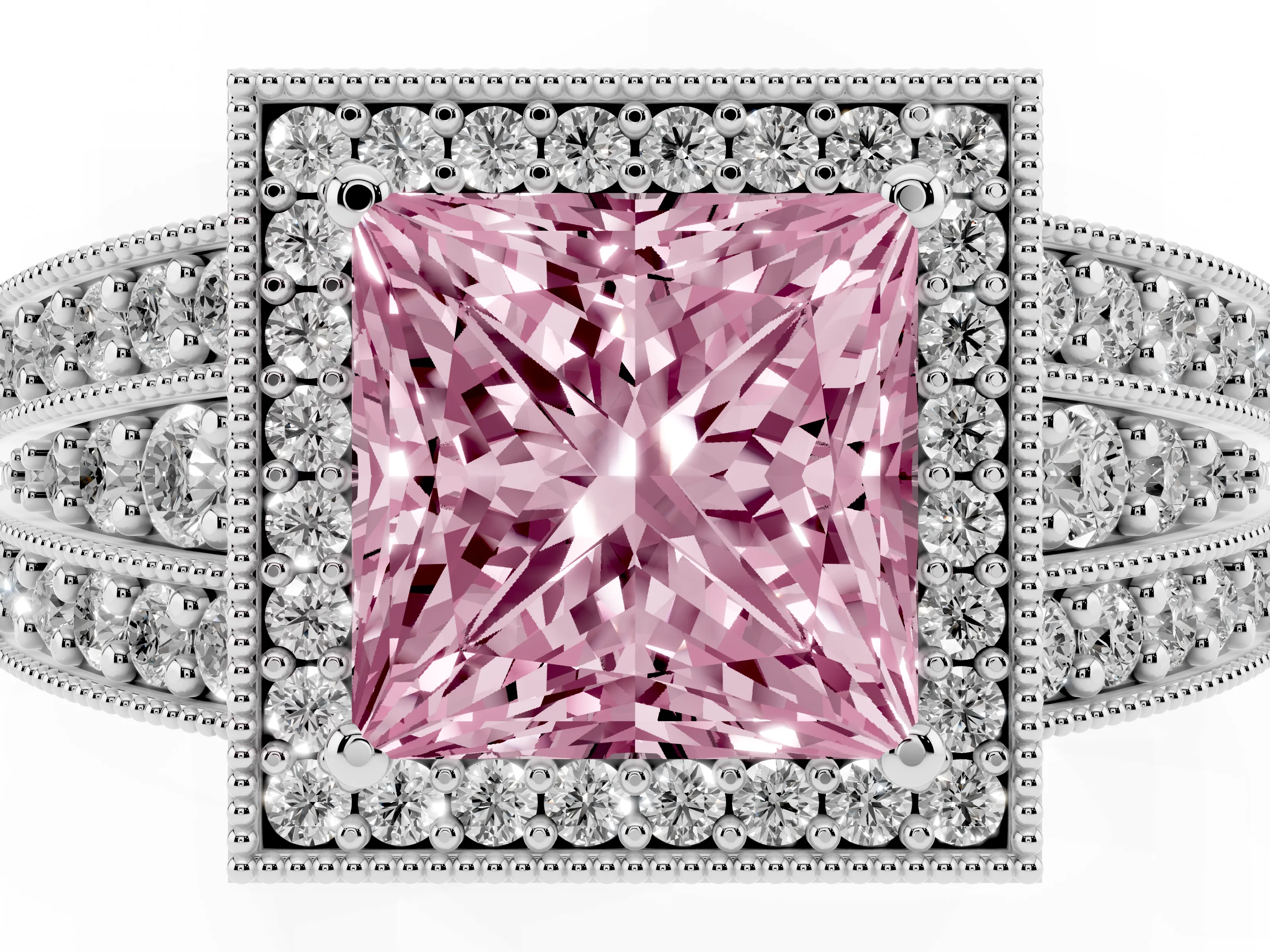 Fancy Pink Princess Cut Diamond Halo Ring Set in Platinum with Accent Split Shank and Prong Setting