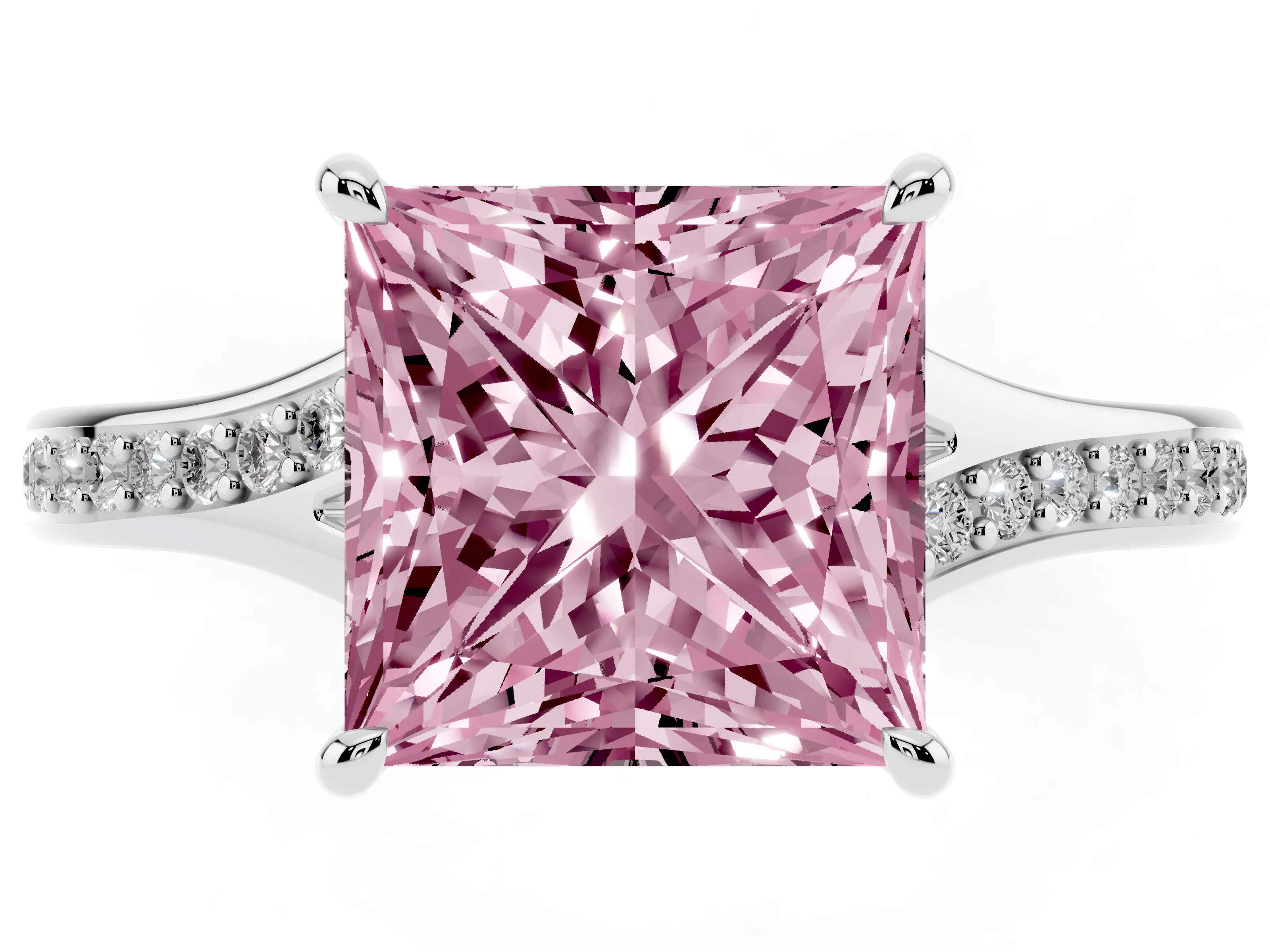 Fancy Pink Princess Cut Diamond Solitaire Ring Set in Platinum with Pavé Accent Band and Classic Prong Setting