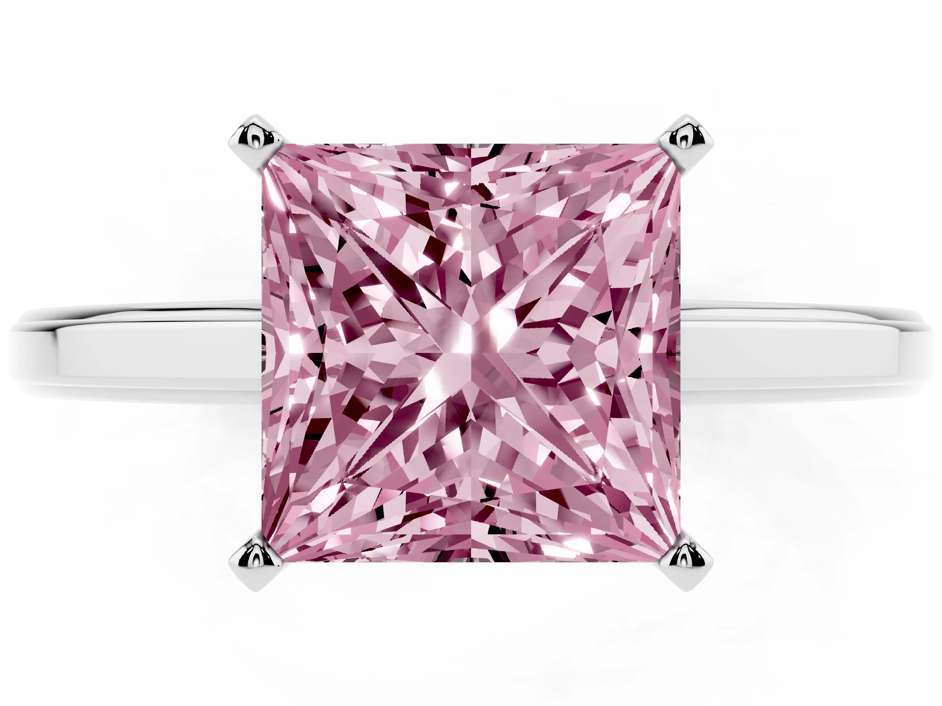 Fancy Pink Princess Cut Diamond Solitaire Ring Set in Platinum with Prong Setting and Classic Band
